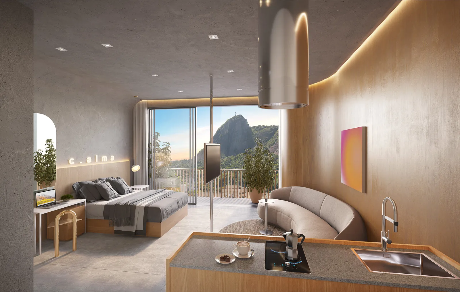 O living de um apartamento do First, com cozinha aberta e vista para o morro