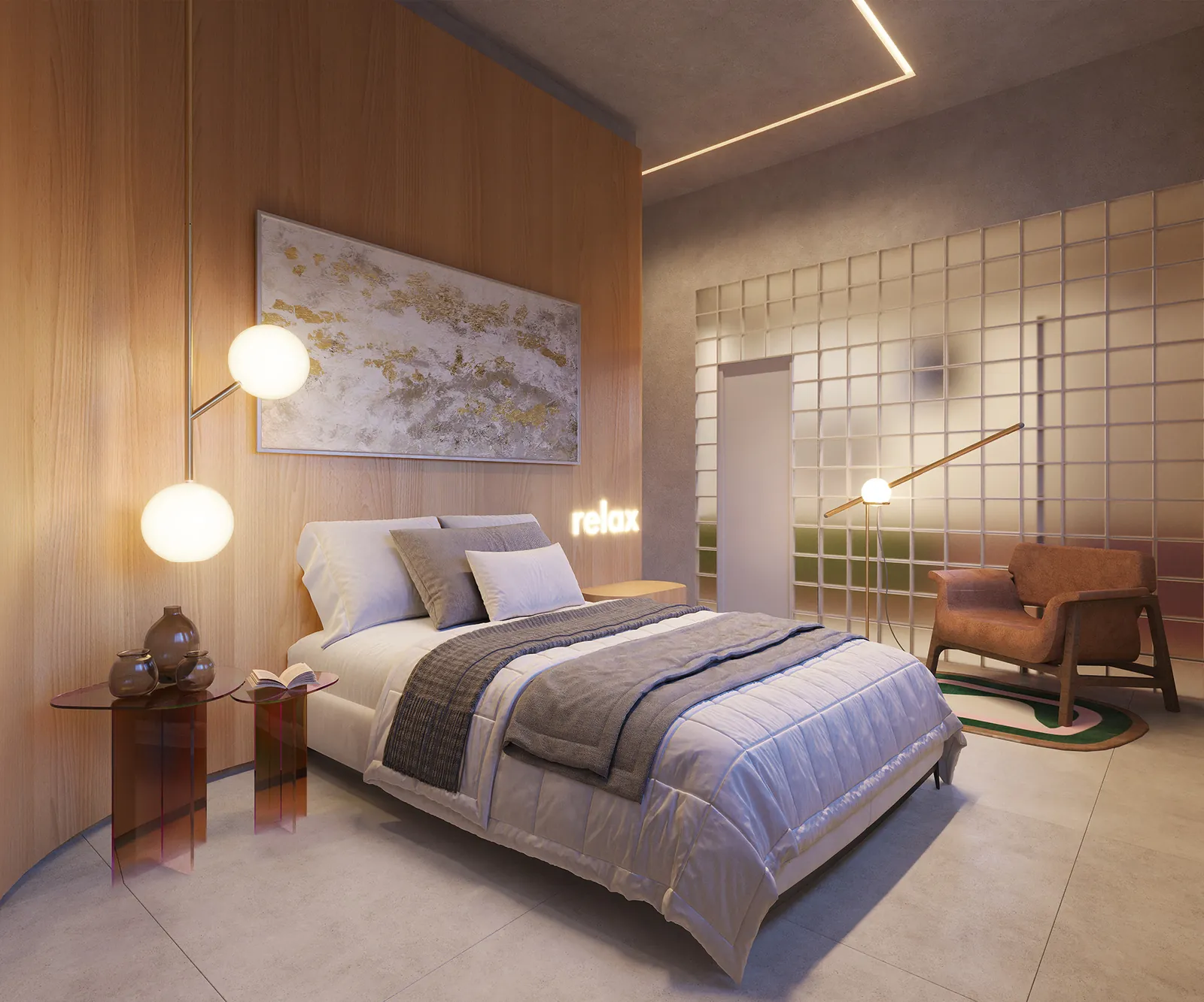 A suíte de um apartamento do First, com cama de casal e janela grande