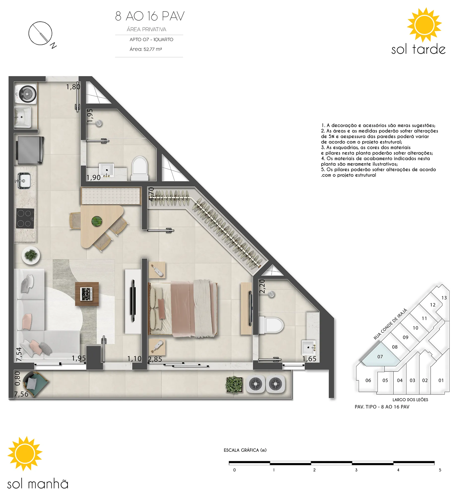 Planta humanizada: 1 quarto de 48 a 57 m² do First