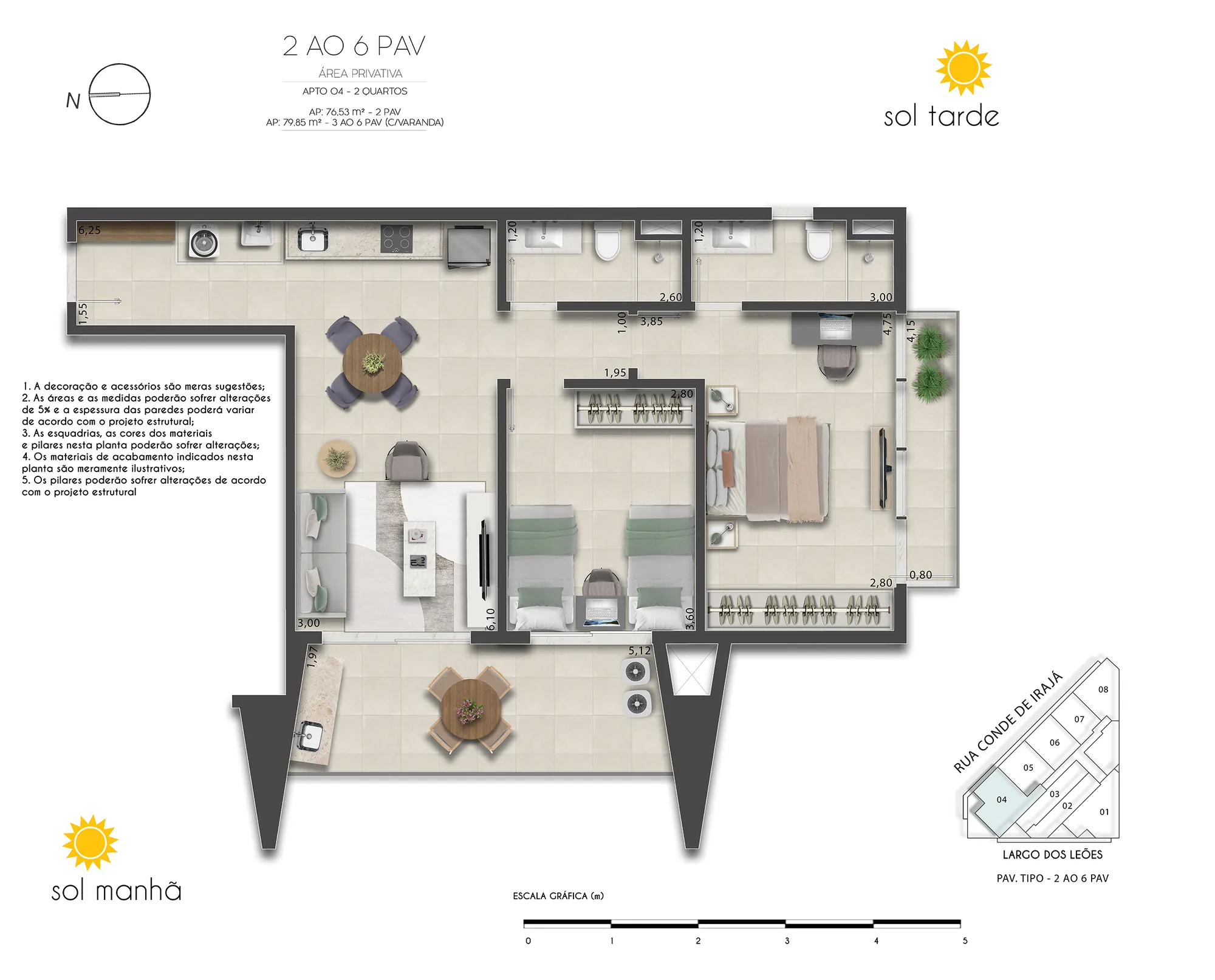 Planta humanizada: 2 quartos de 80 m² do First