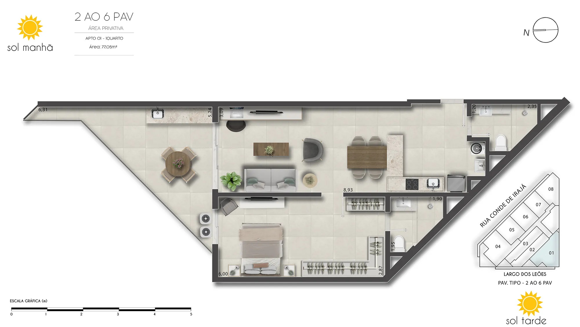 Planta humanizada: double suítes de 67 e 77 m² do First