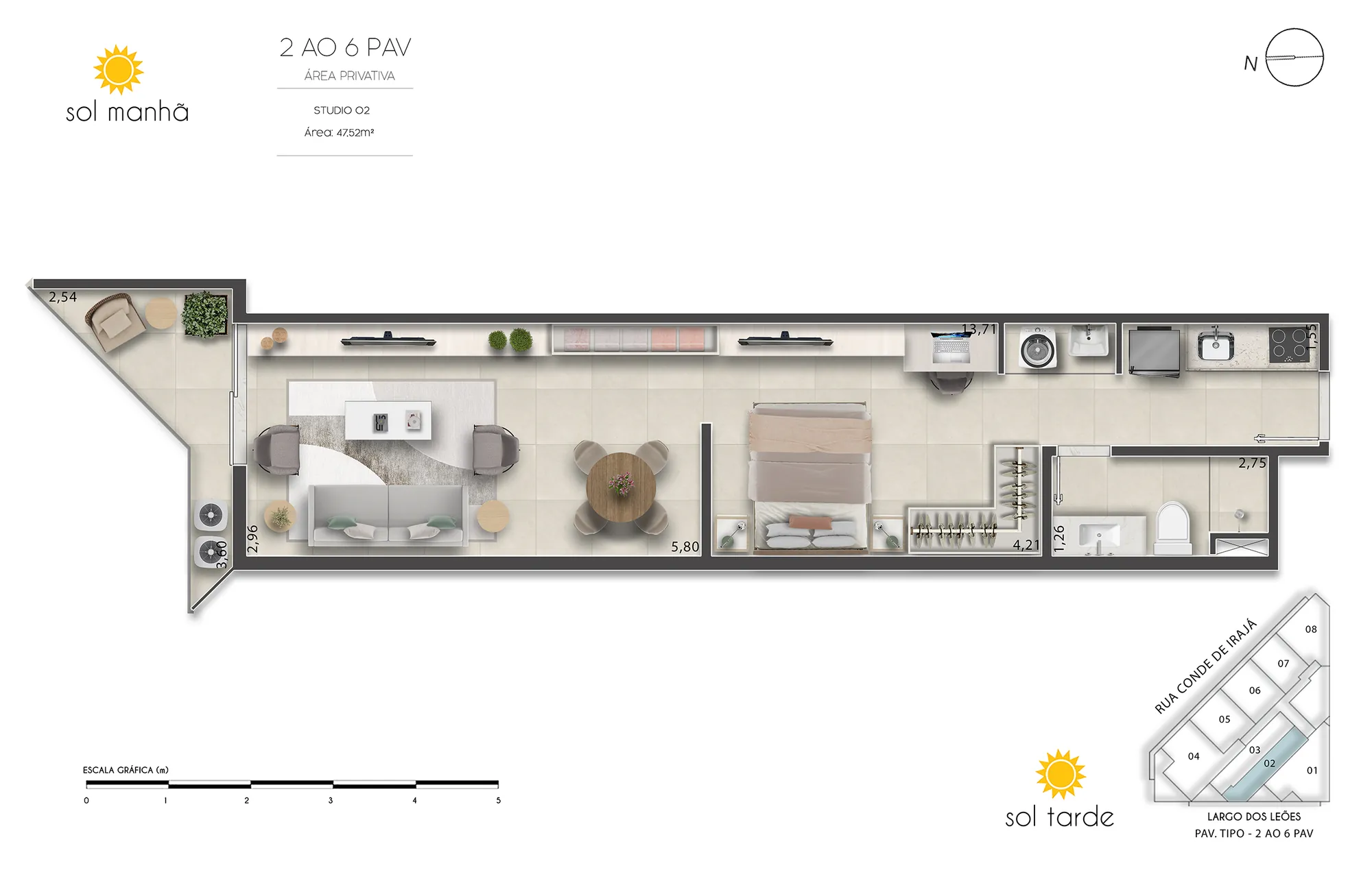 Planta humanizada: loft de 47 m² do First