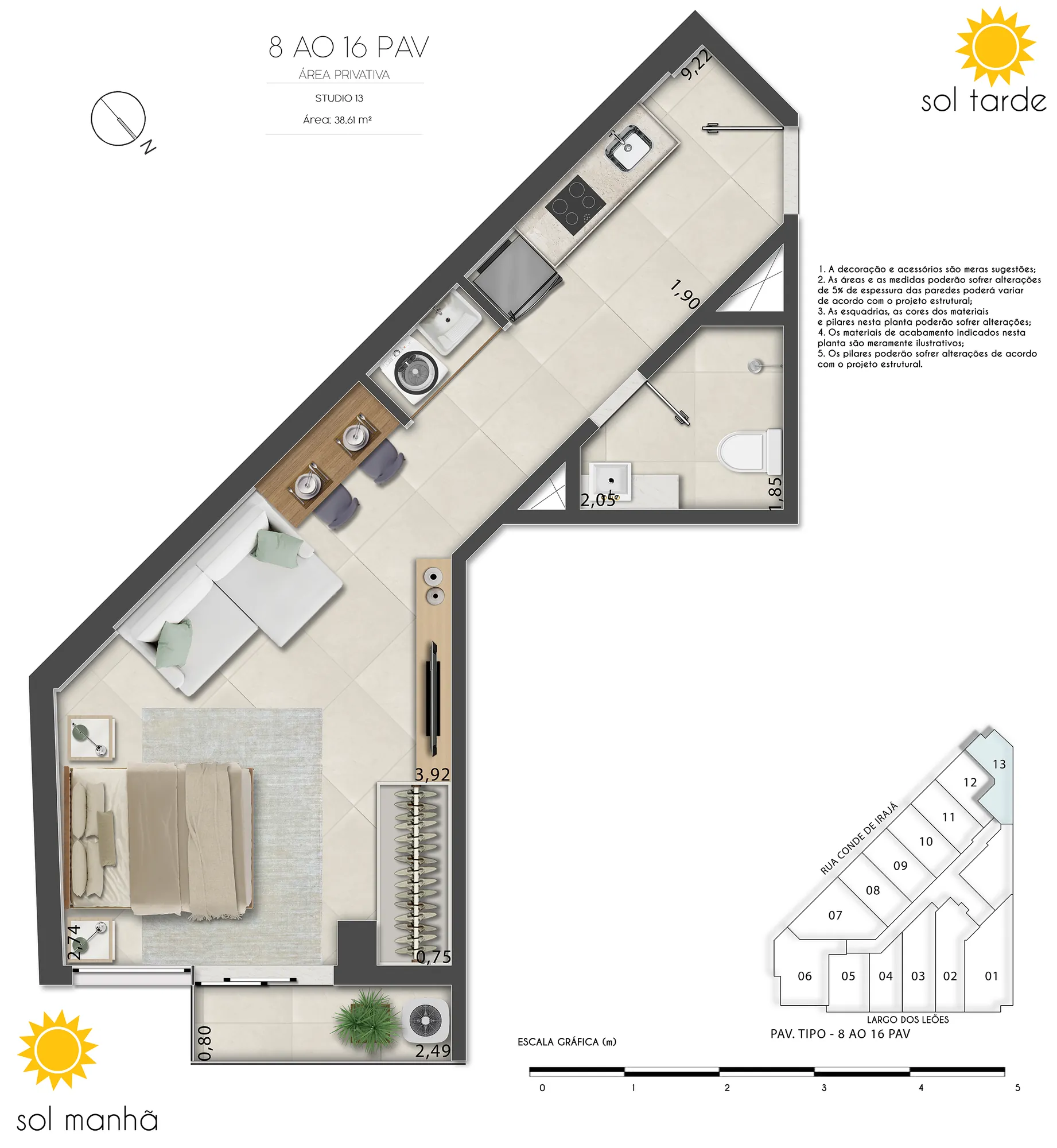 Planta humanizada: studios de 33 a 37 m² do First