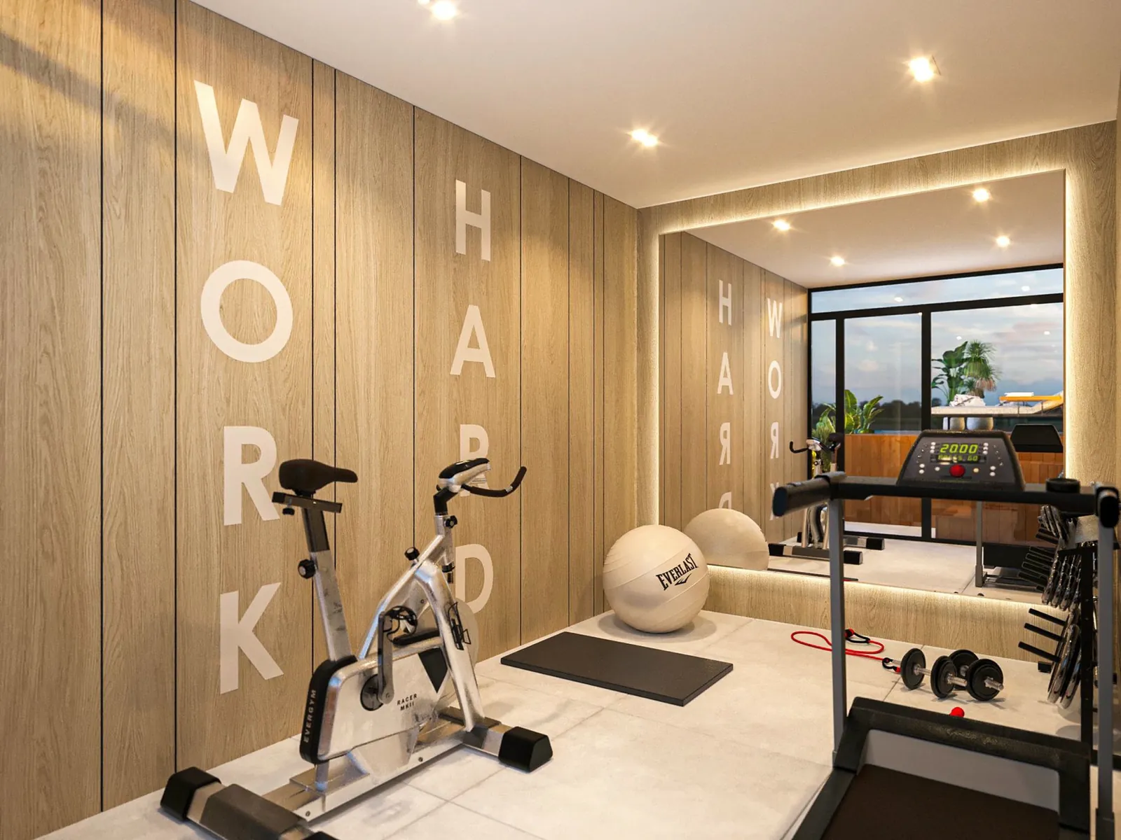 Academia com bicicleta, esteira e paredes de madeira com a palavra WORK