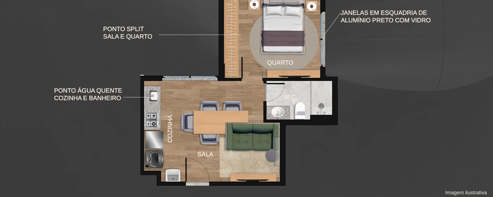 Planta humanizada de apartamentos de 1 quarto do Gabizo 48