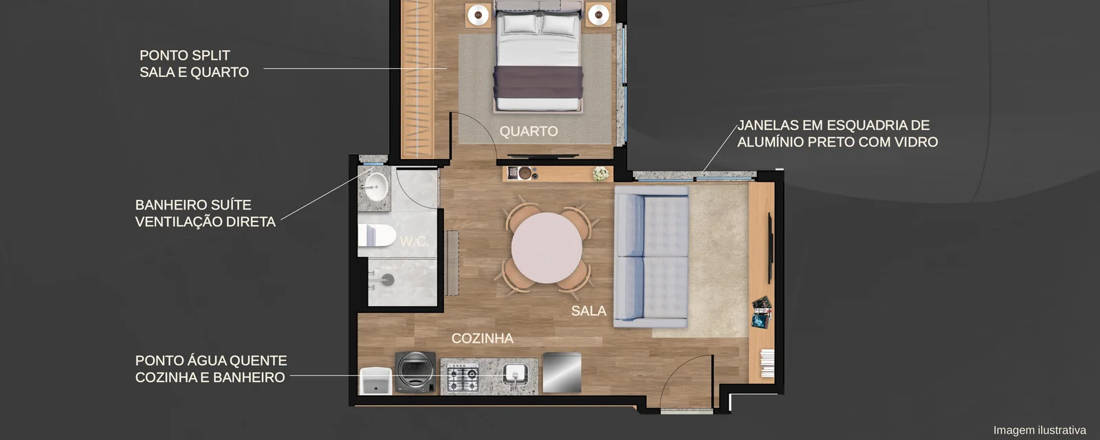 Planta humanizada: 1 quarto · 37,91 m²