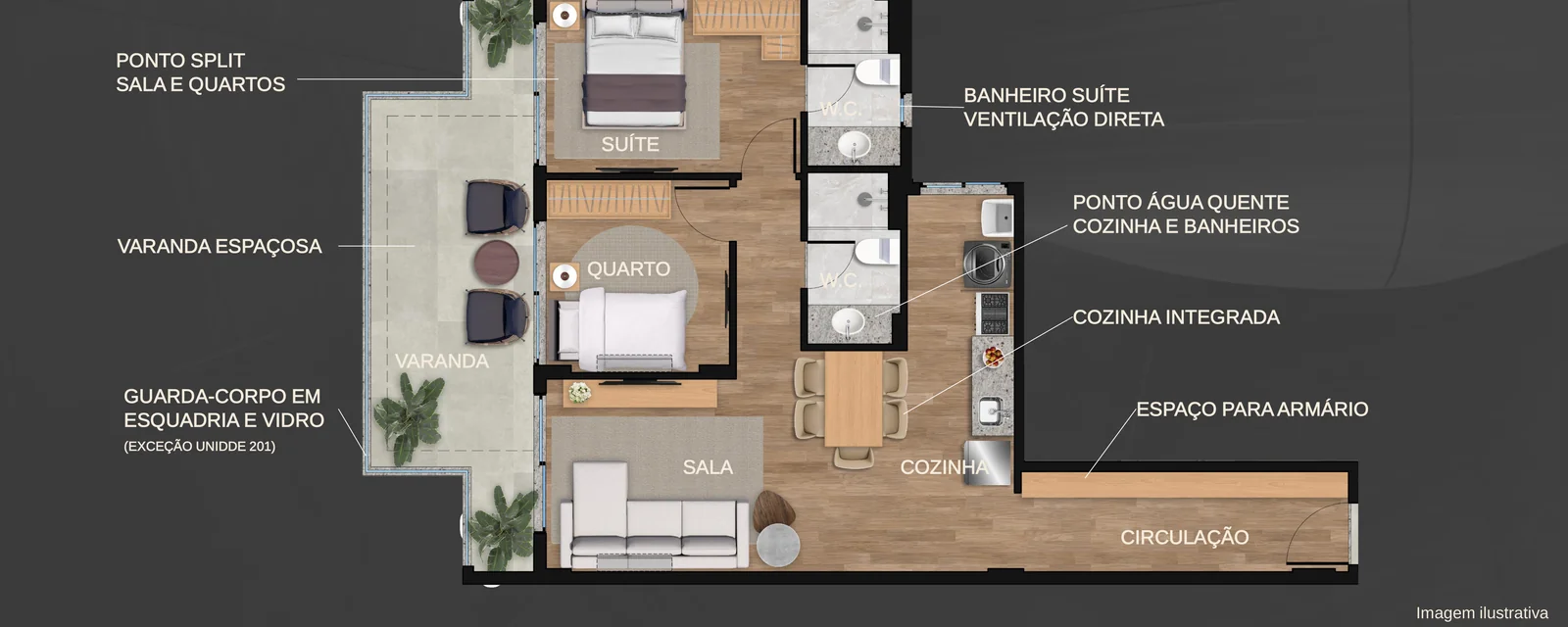 Planta humanizada de 2 quartos com suíte do Gabizo 48