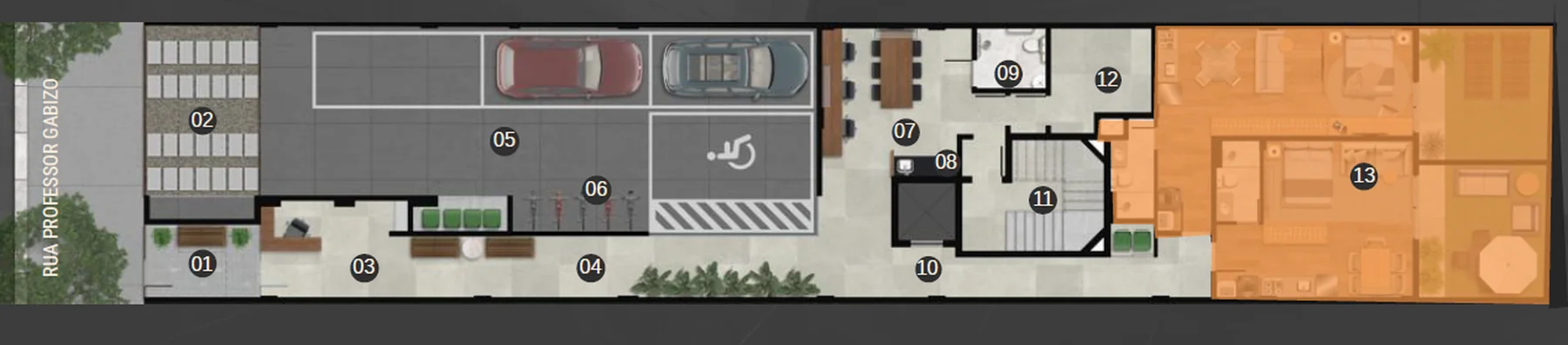 Planta humanizada do térreo do Gabizo 48, com acesso, estacionamento, bicicletário e coworking