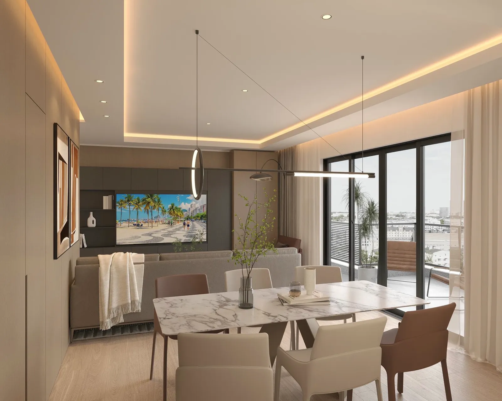 Sala decorada com mesa de jantar de mármore, sofá e porta de vidro para a varanda