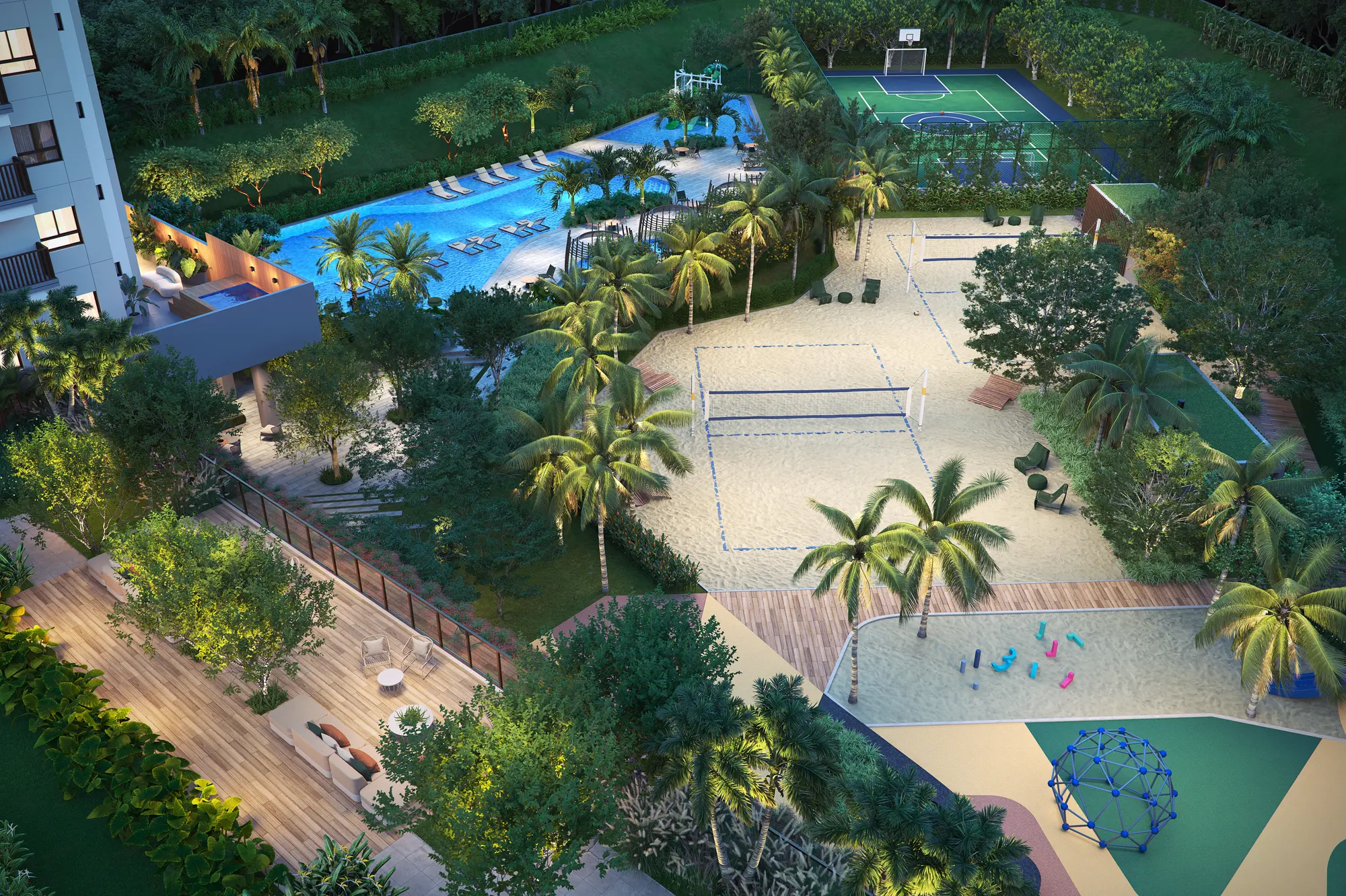 Vista aérea do lazer, com piscinas, decks e jardins entre os edifícios