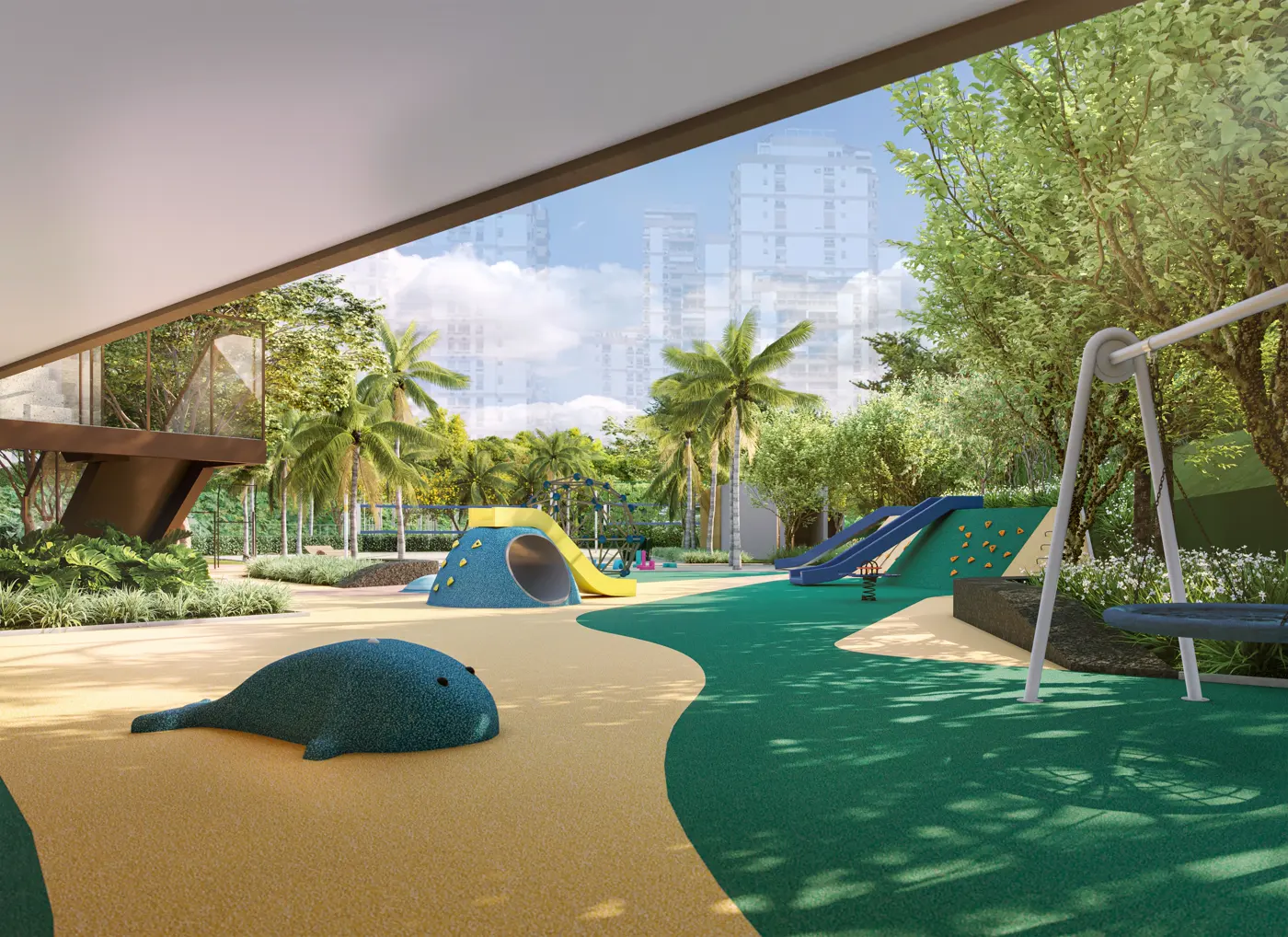 Playground com piso emborrachado verde entre árvores