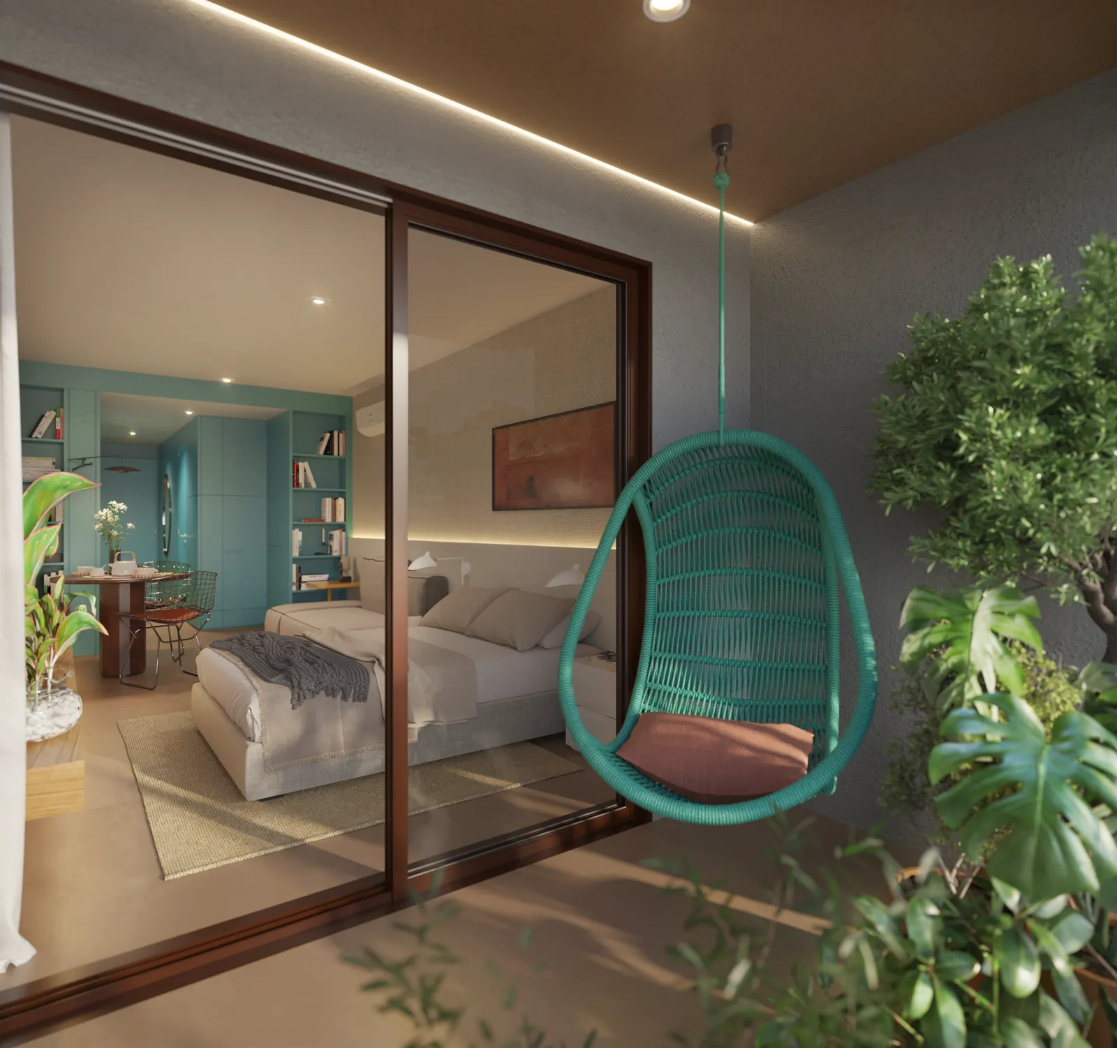 Um studio do Gaví com cama, cadeira suspensa e varanda com plantas