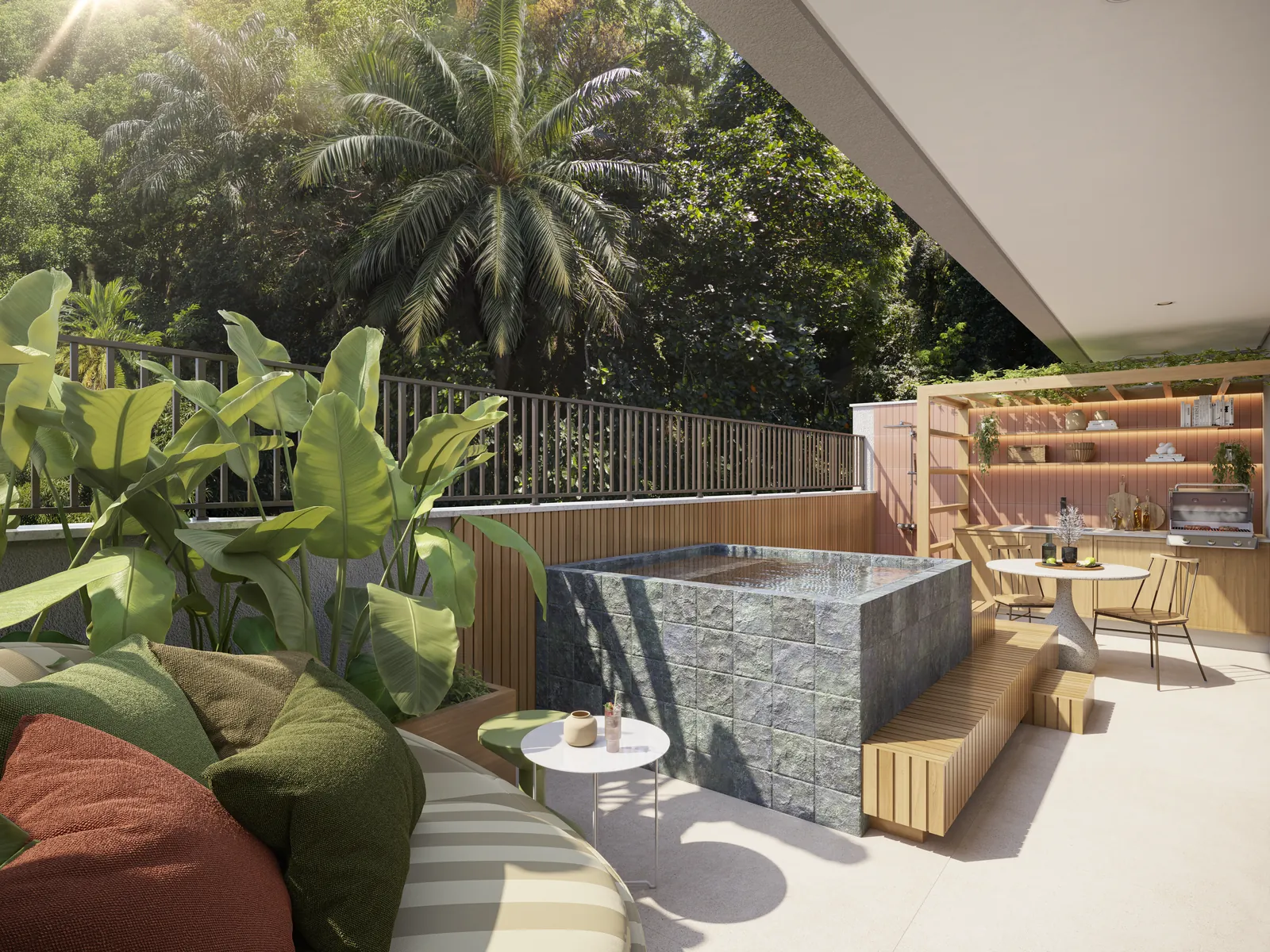 O terraço de um up garden do Gaví, com sofá, mesa e plantas tropicais