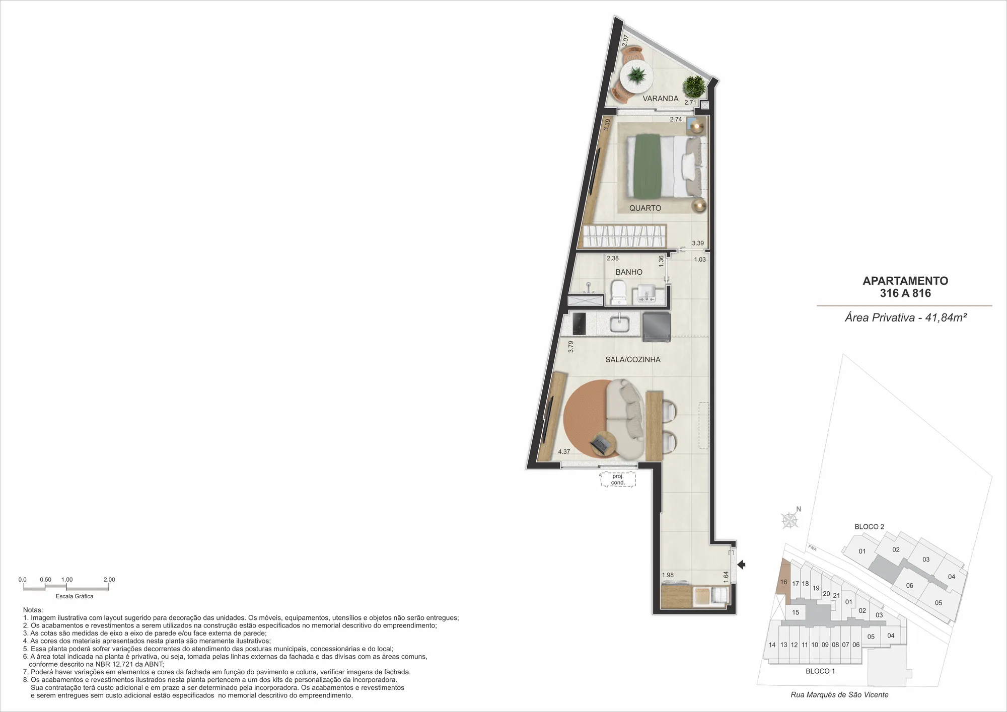 Planta humanizada: 1 quarto de 42 a 48 m² do Gaví