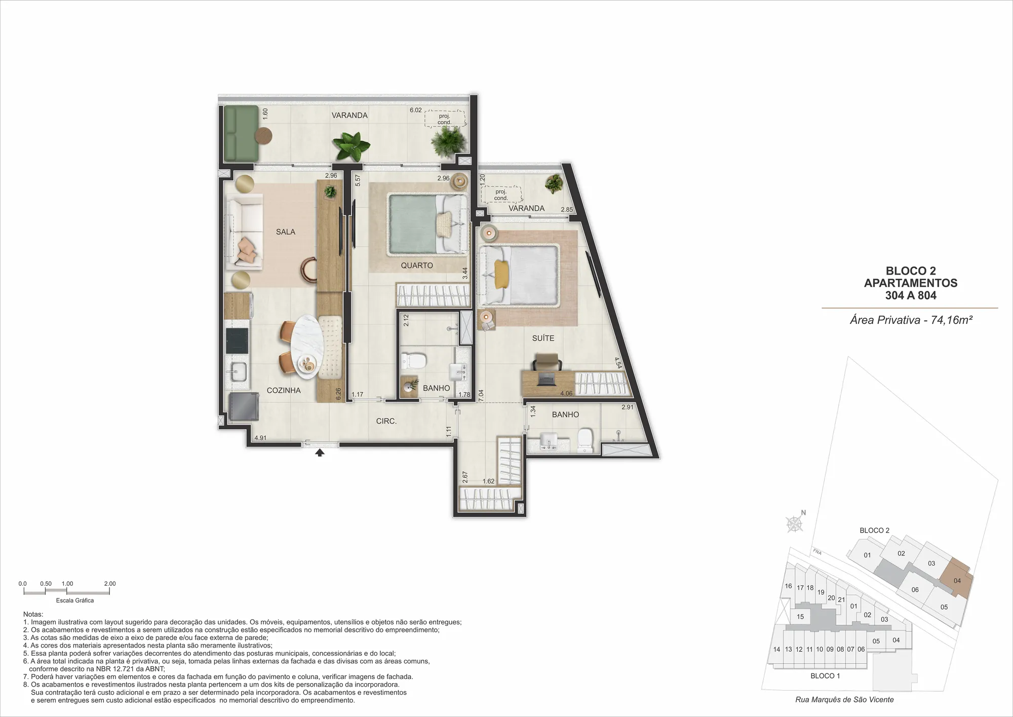 Planta humanizada: 2 quartos de 73 a 80 m² do Gaví
