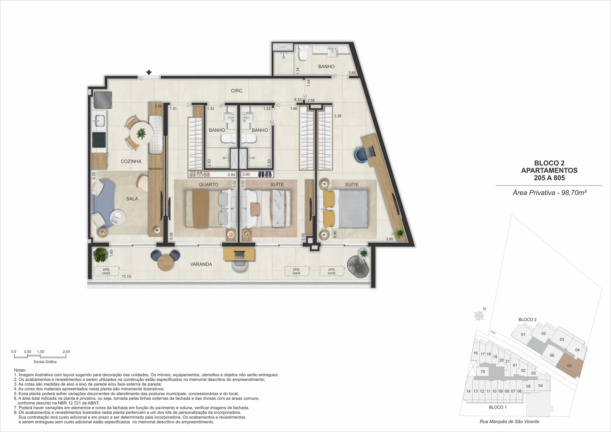 Planta humanizada: 3 quartos de 75 a 99 m² do Gaví