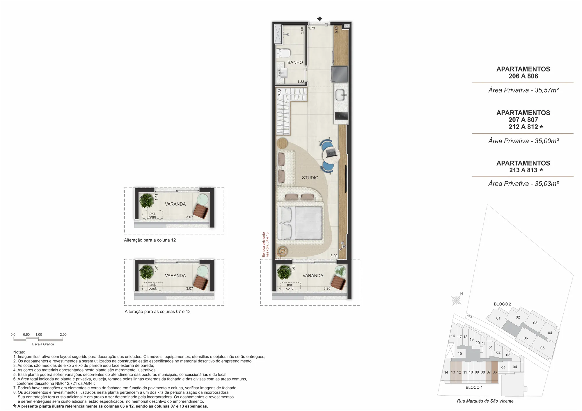 Planta humanizada: studios de 34 a 41 m² do Gaví