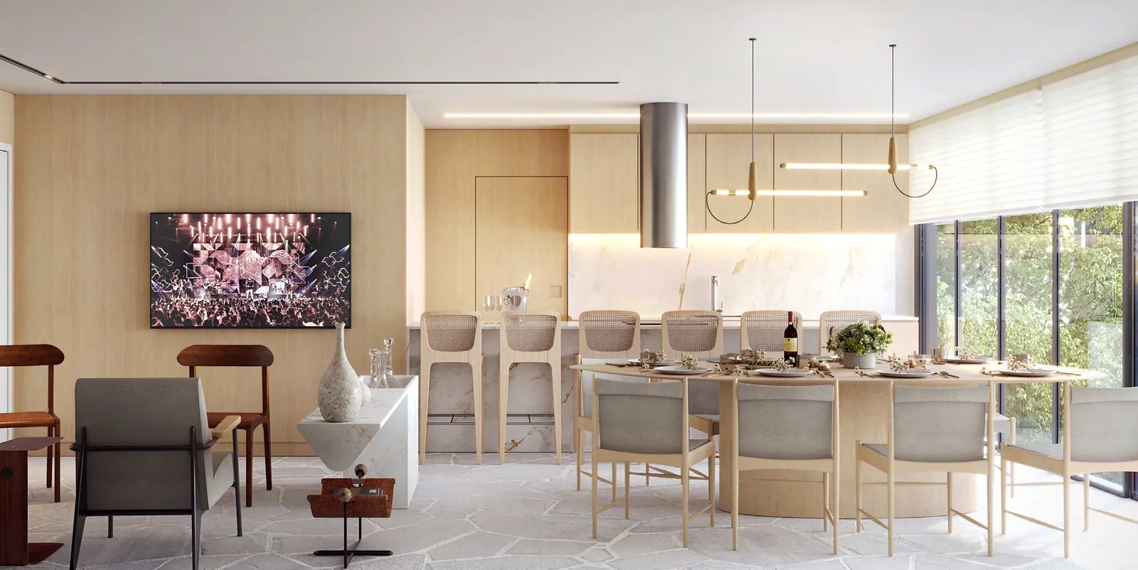 O salão gourmet do Glória Del'Art, com mesa comprida e bancada