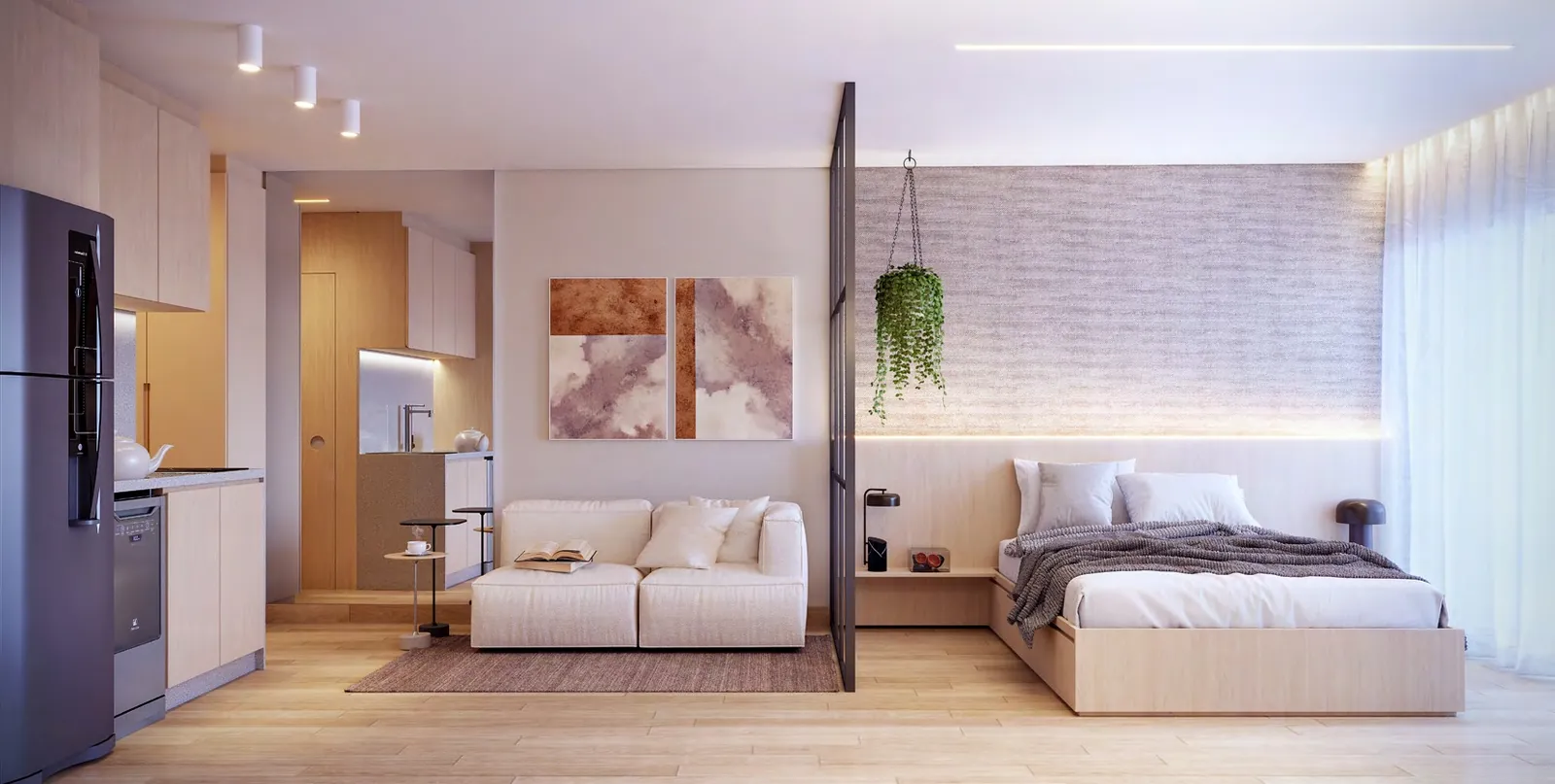 Perspectiva de um studio do Glória Del'Art, com sala e cama separadas por divisória