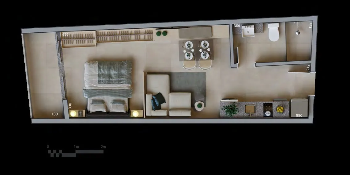 Planta humanizada: studios decorados de 36 a 45 m² do Glória Del'Art