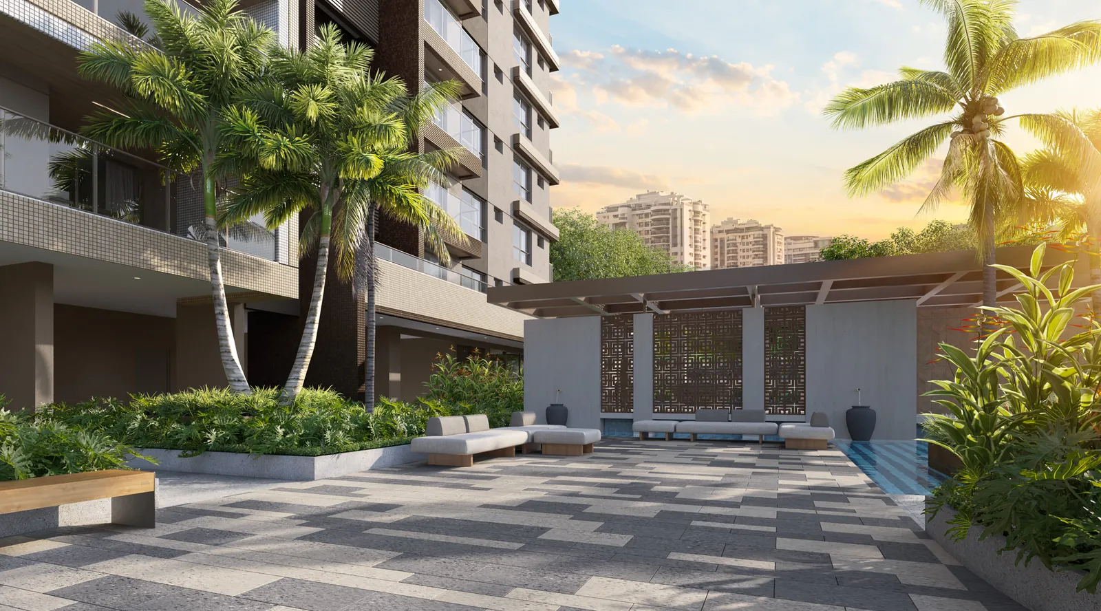 Pavilhão de acesso às piscinas, com painel vazado e jardim