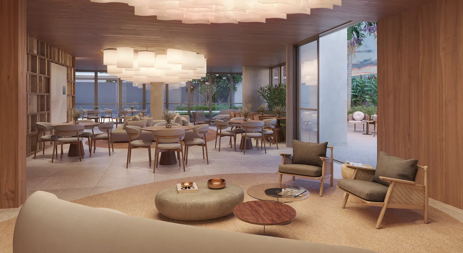 Salão de festas com lustre de cristal, mesas e lounge