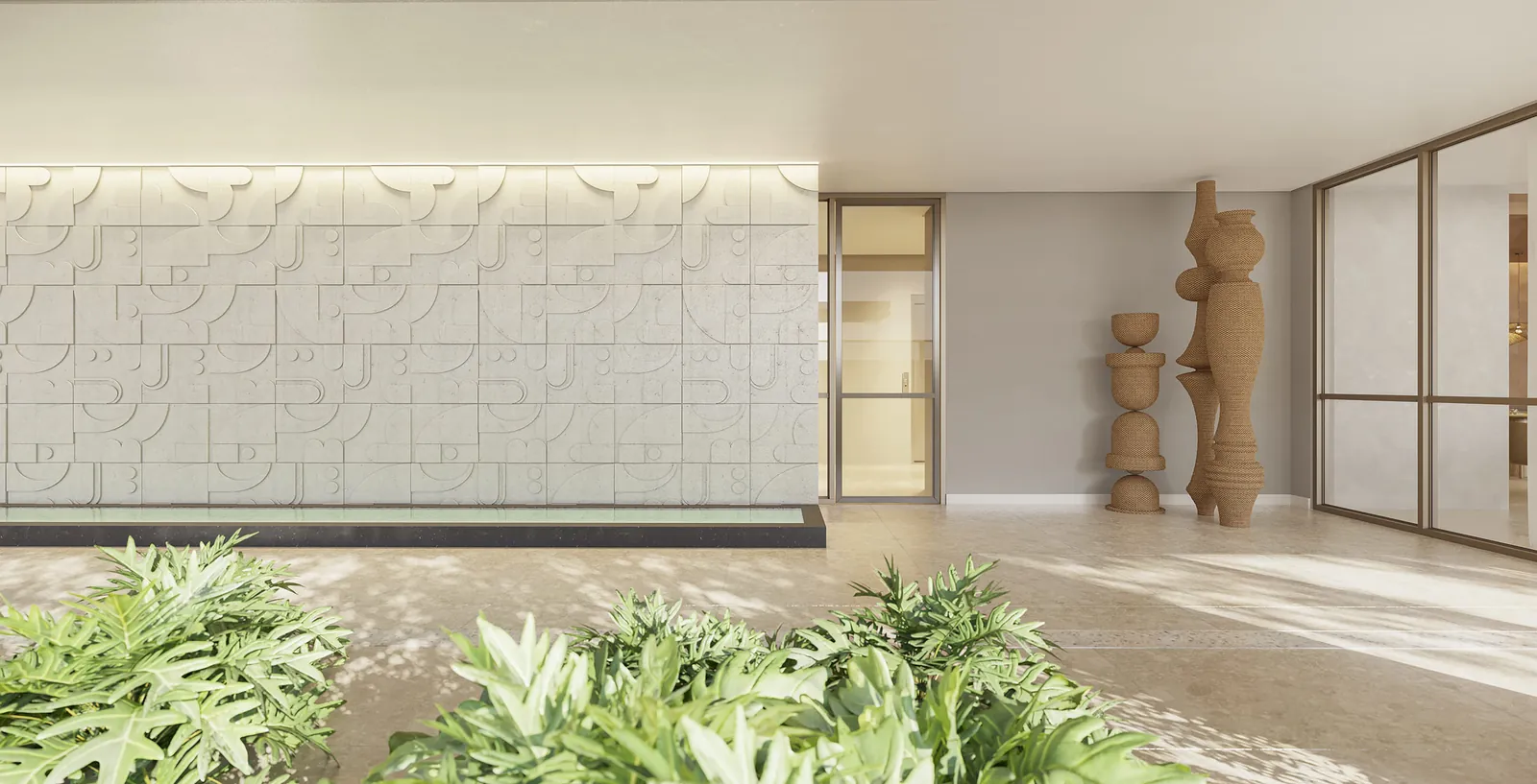 Lobby com parede em relevo, escultura e luz natural