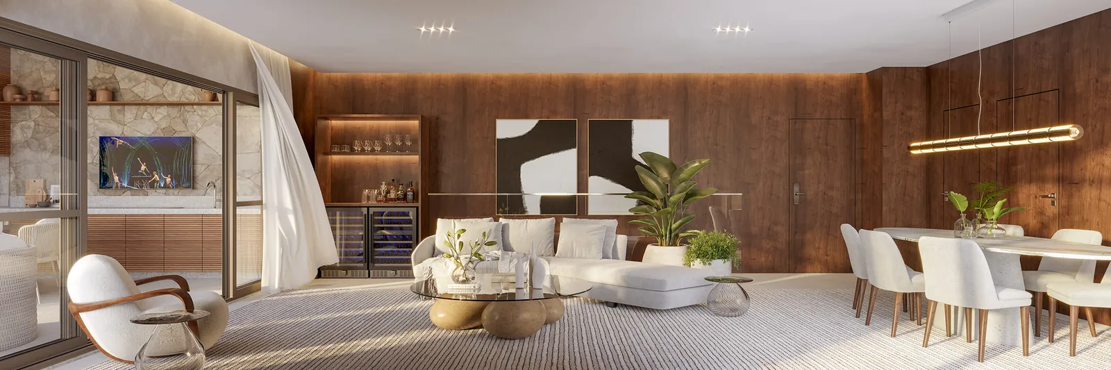 Sala ampla da cobertura com painel de madeira, sofás e mesa de jantar