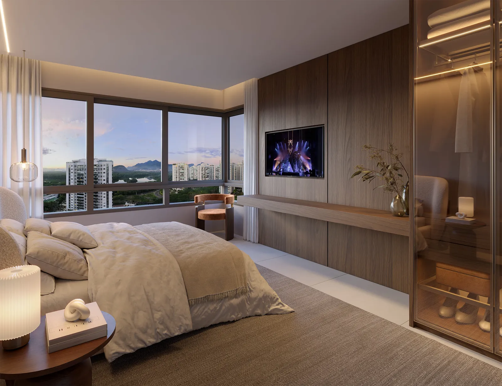 Suíte master com cama de casal, painel de madeira e janela para o parque