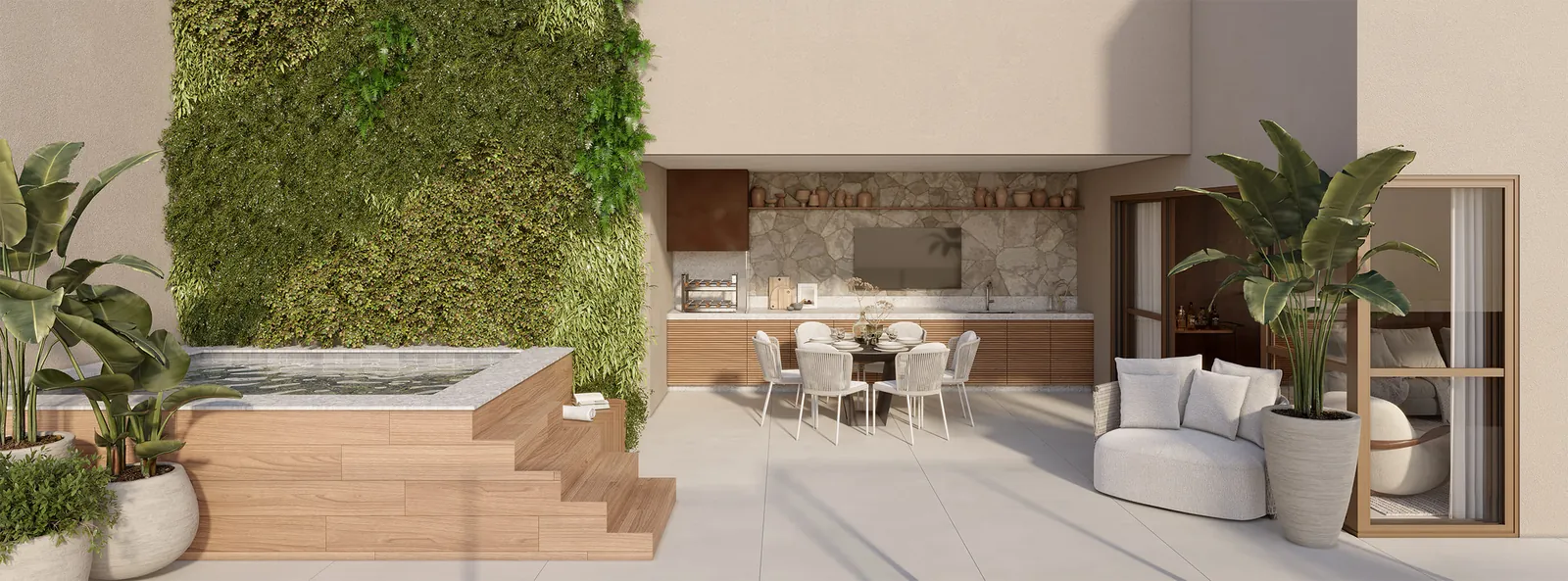 Terraço da cobertura com jardim vertical, ofurô e mesa