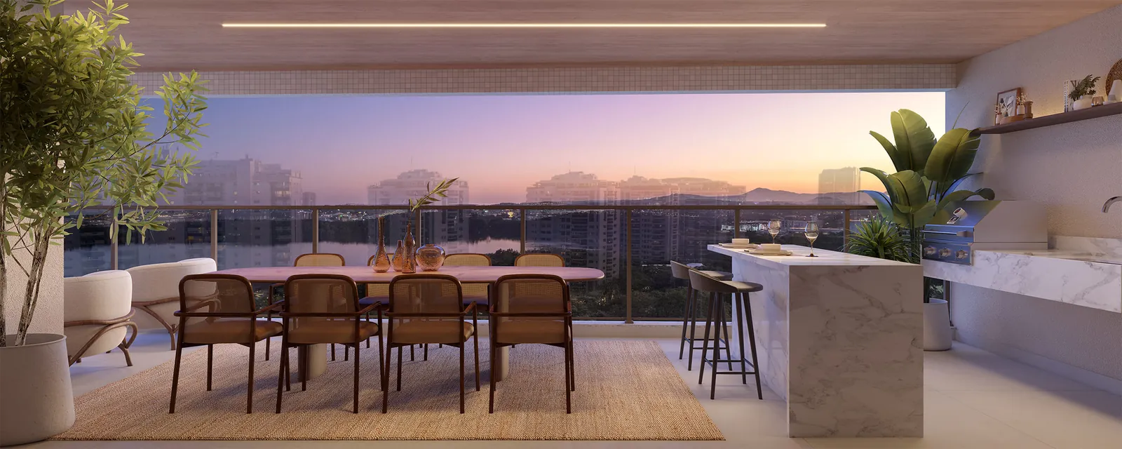 Varanda gourmet com mesa de jantar e vista da lagoa ao entardecer
