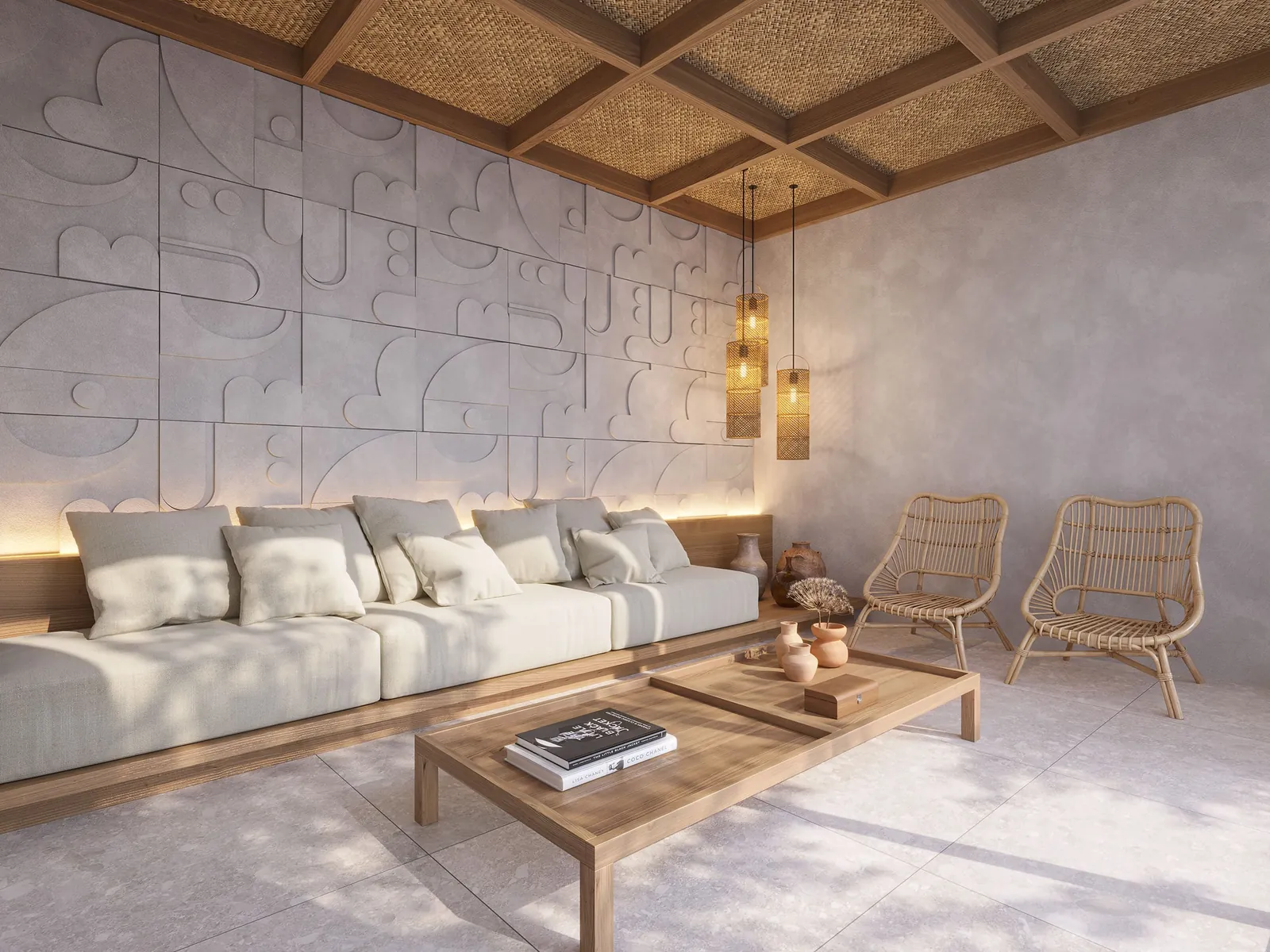 Sala de espera com sofá, poltronas e painel em relevo