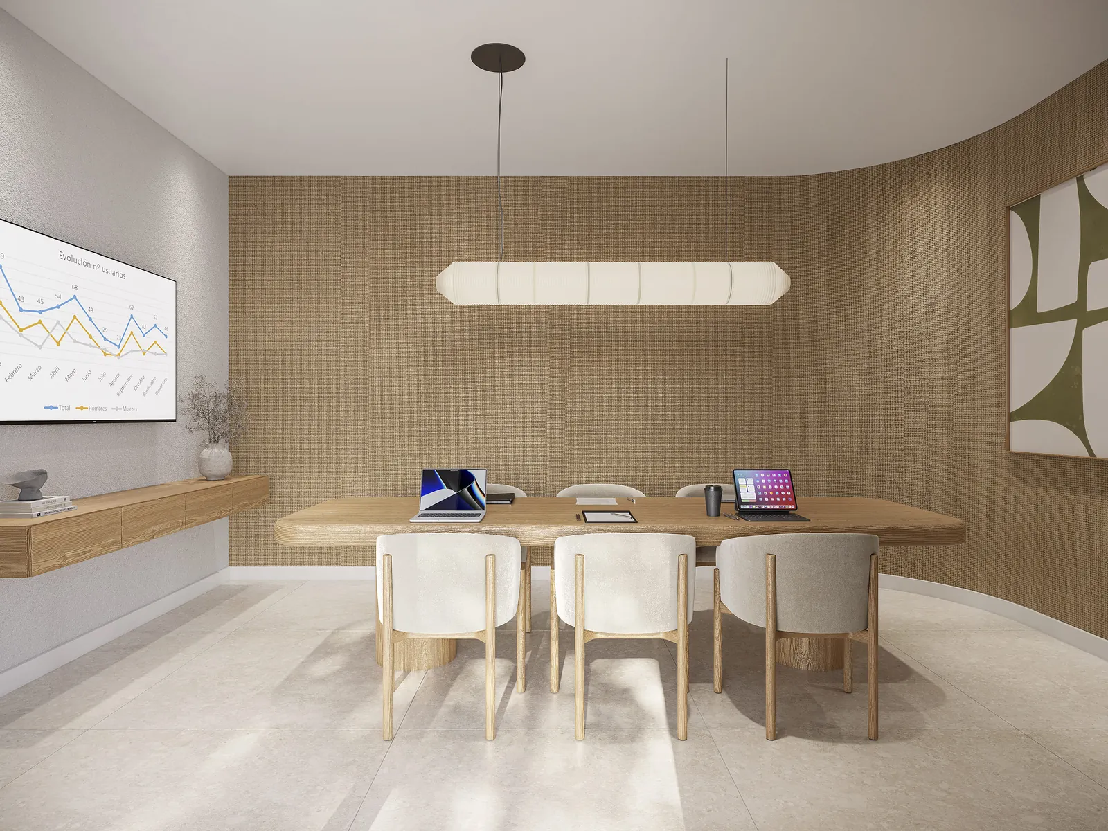 Sala de reunião com mesa comprida e tela na parede