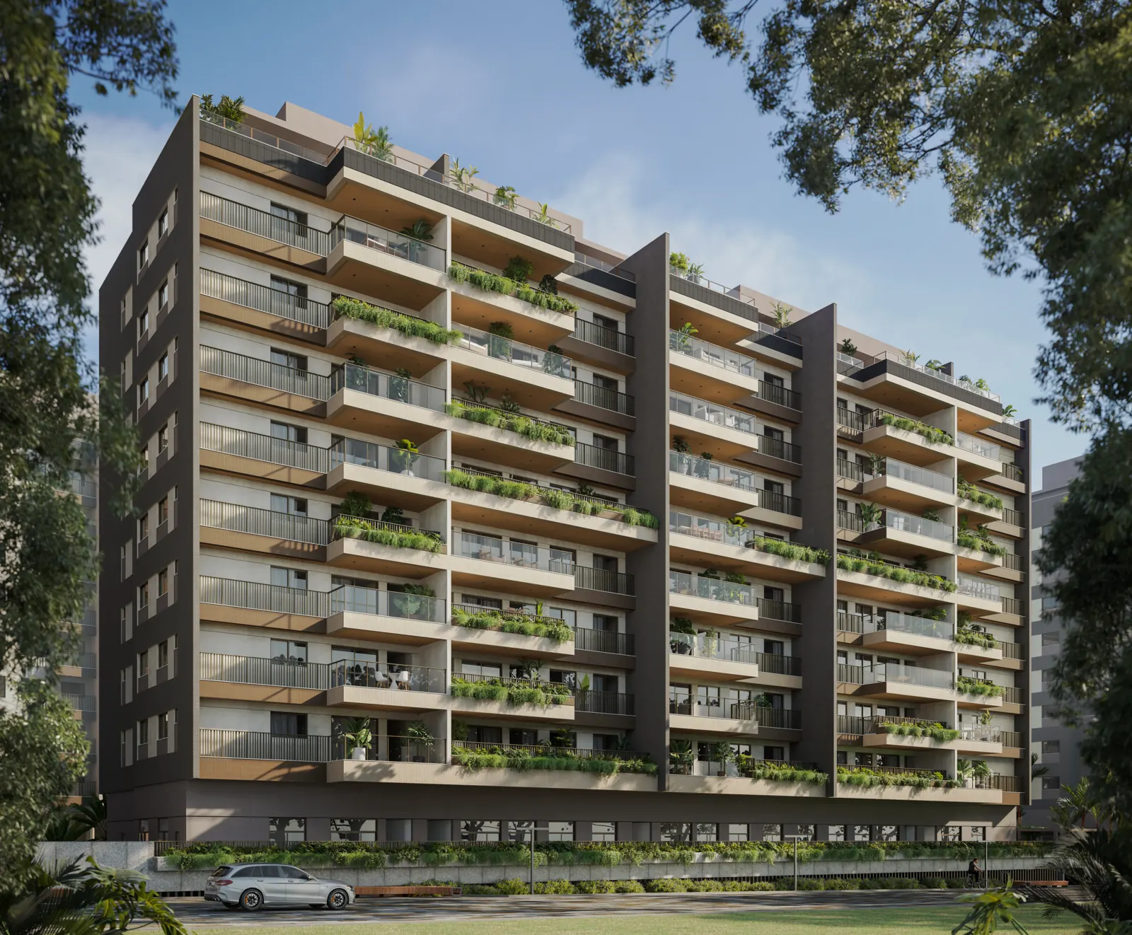 Fachada do Bloco 2 do Green View, com varandas e jardineiras