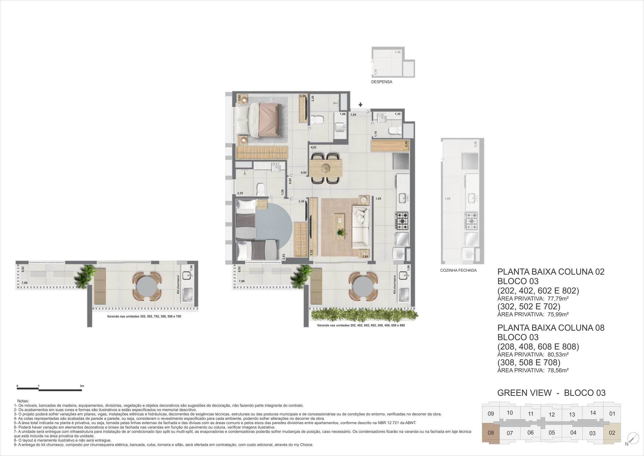 Planta de apartamentos do blocos 3 e 5 · 2 quartos