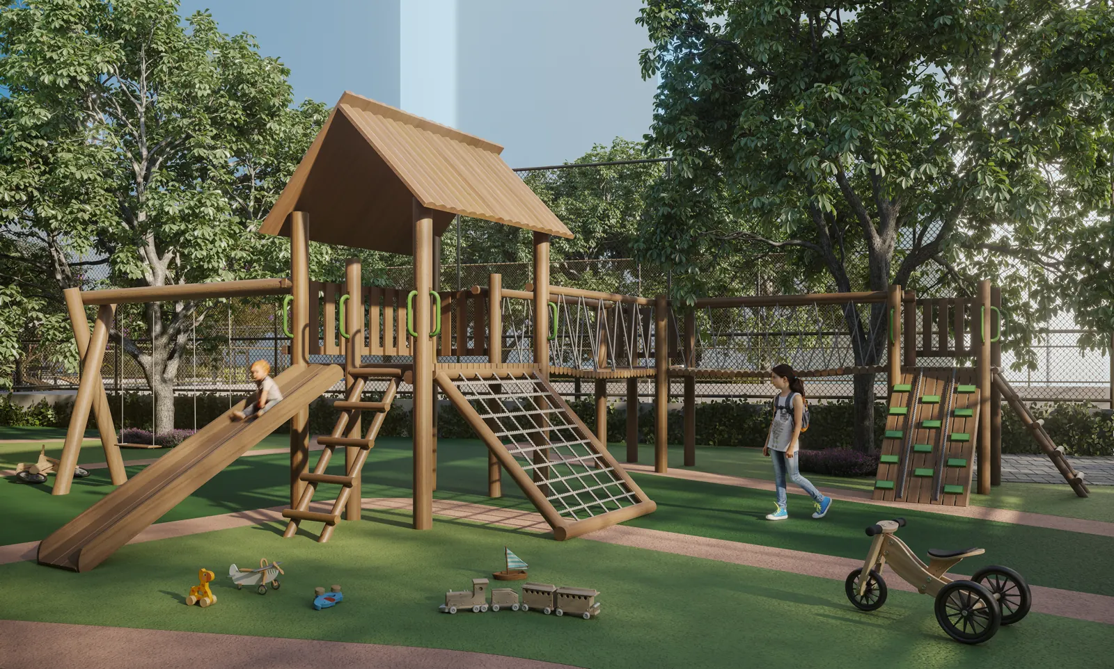 Playground de madeira com escorregador e trepa-trepa