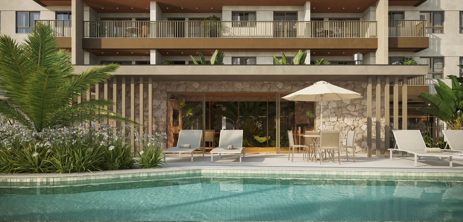 Pool Party House com deck, ombrelones e a piscina em primeiro plano