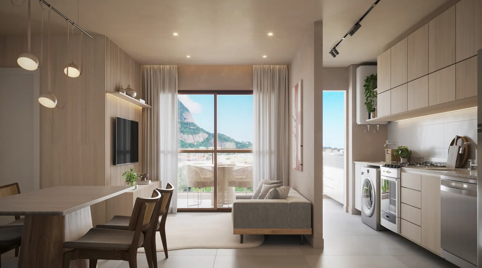 Sala e cozinha integradas de um apartamento de 2 quartos, com vista para a montanha