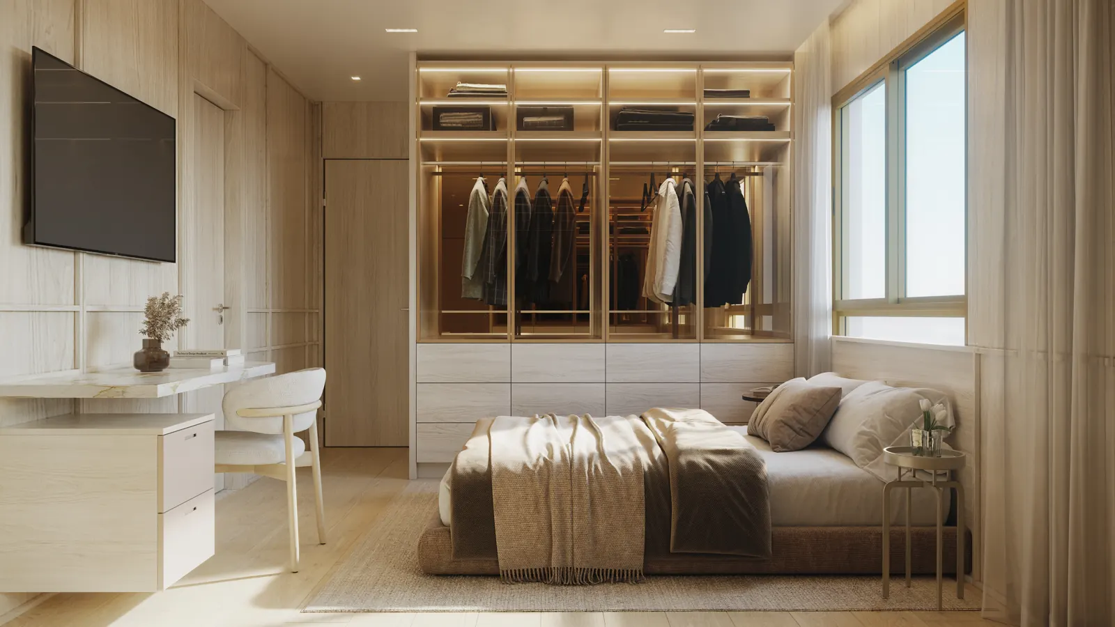 Suíte com closet aberto, cama de casal e marcenaria clara