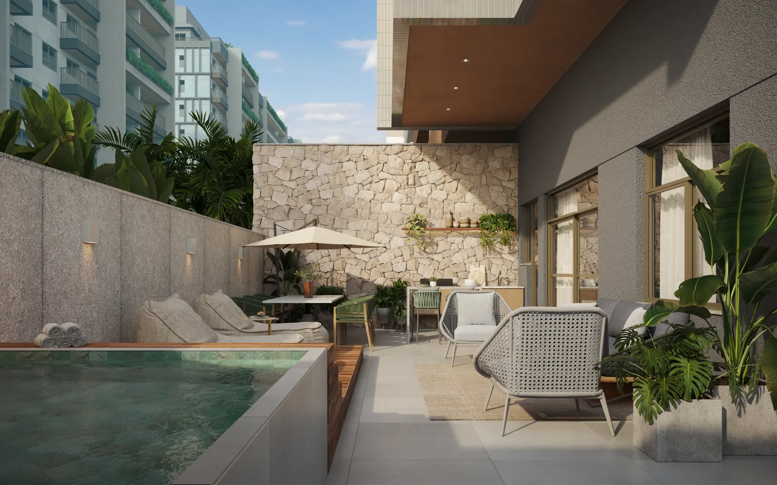 Terraço garden com piscina privativa, espreguiçadeiras e paisagismo