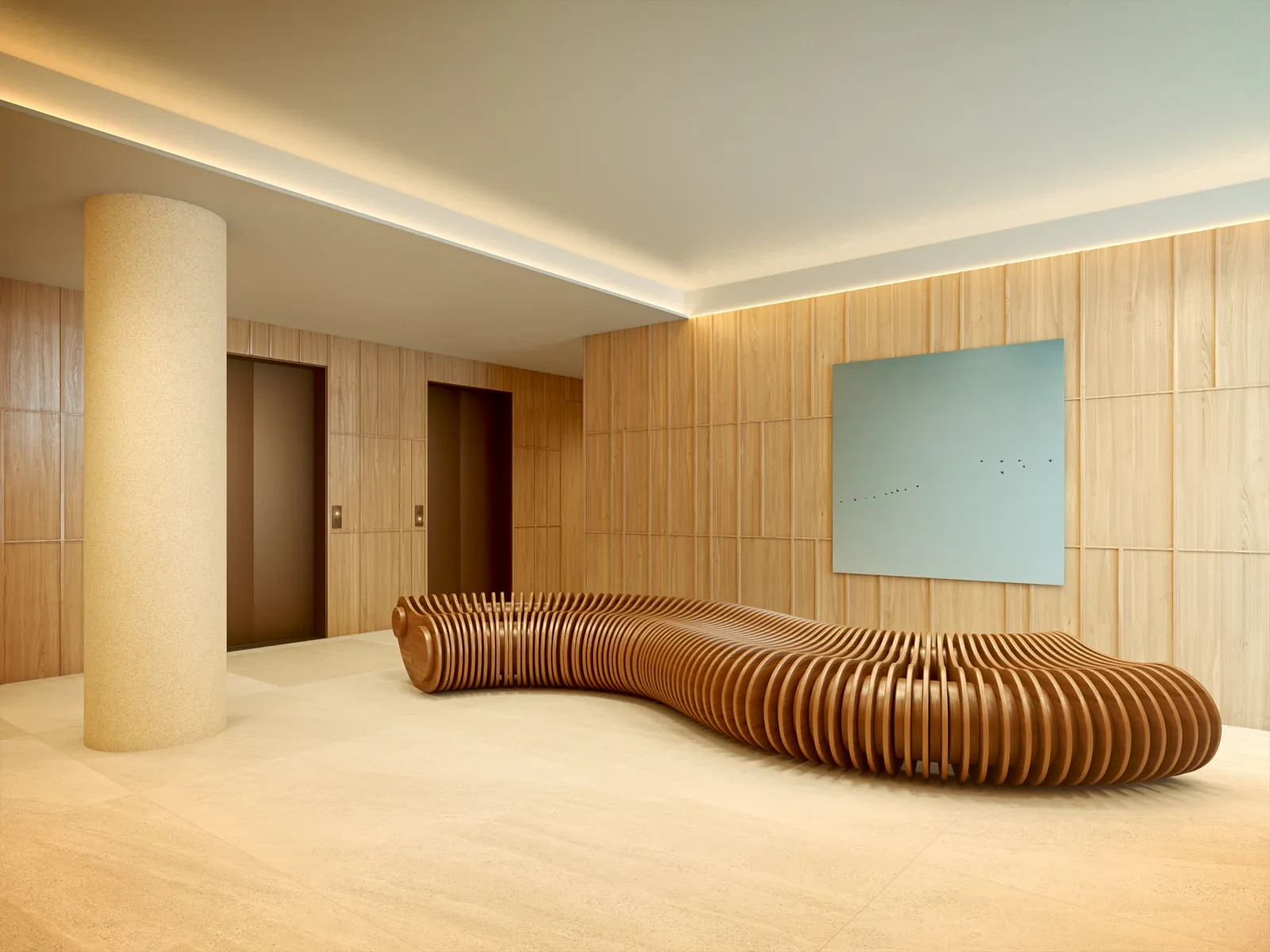 Lobby de madeira clara com banco orgânico e luz indireta