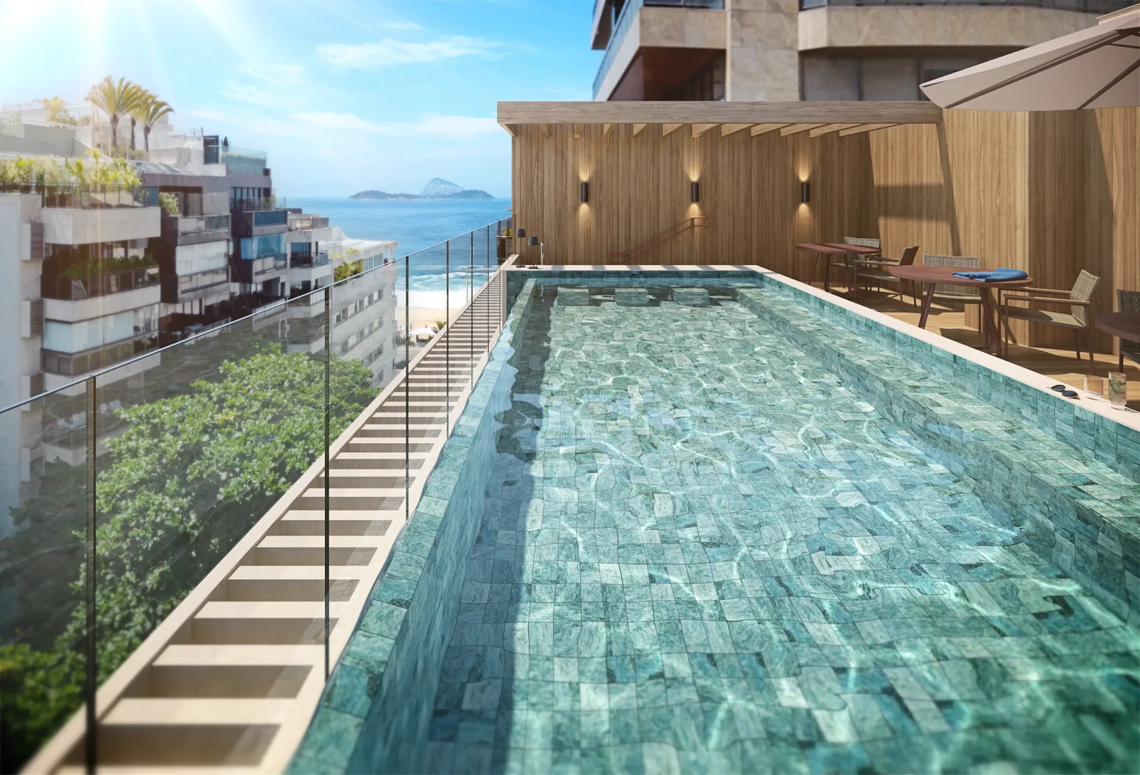 Piscina horizonte no rooftop do Guilhem, com a praia do Leblon e as ilhas ao fundo