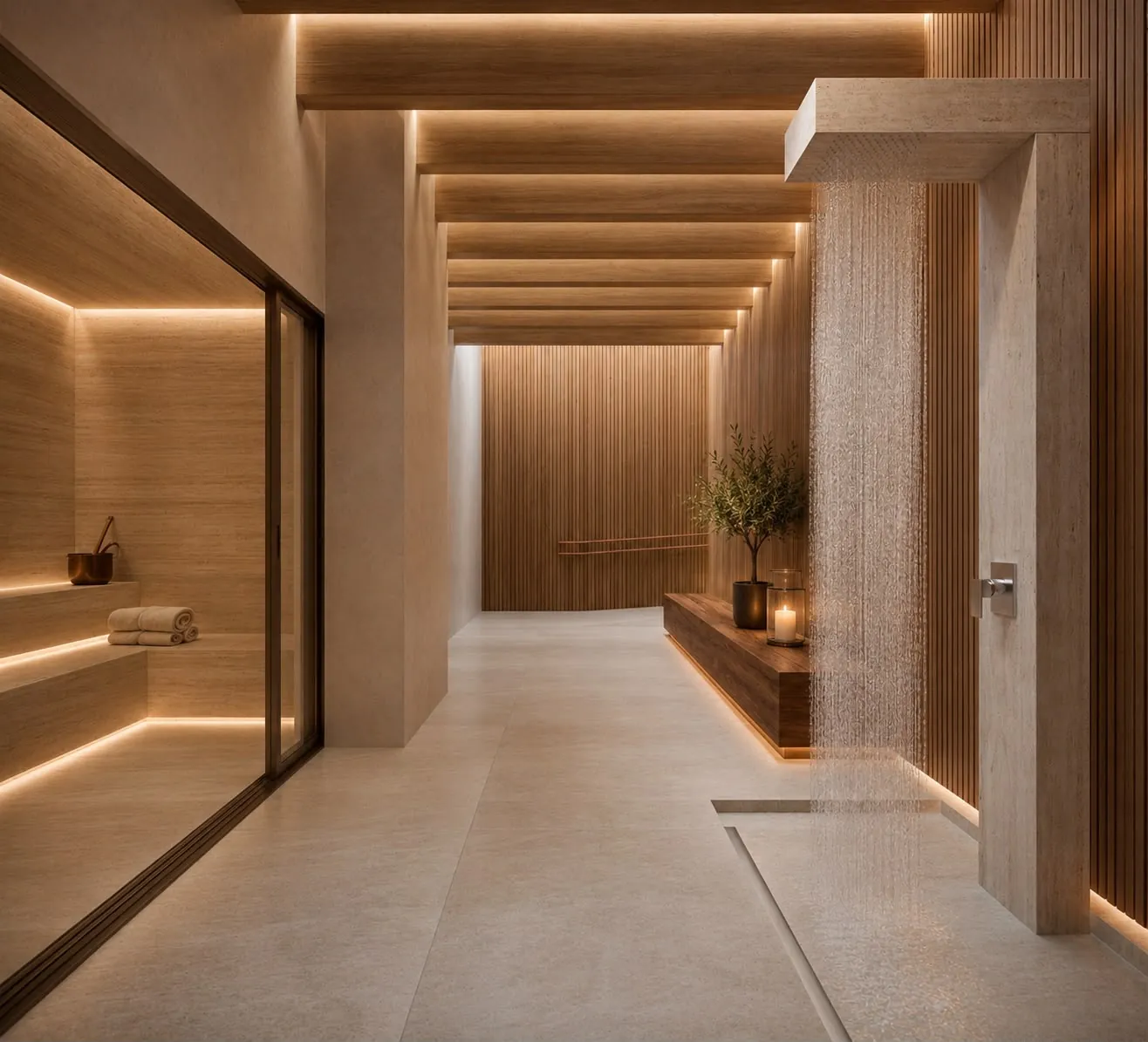 Sauna e corredor de madeira com luz indireta