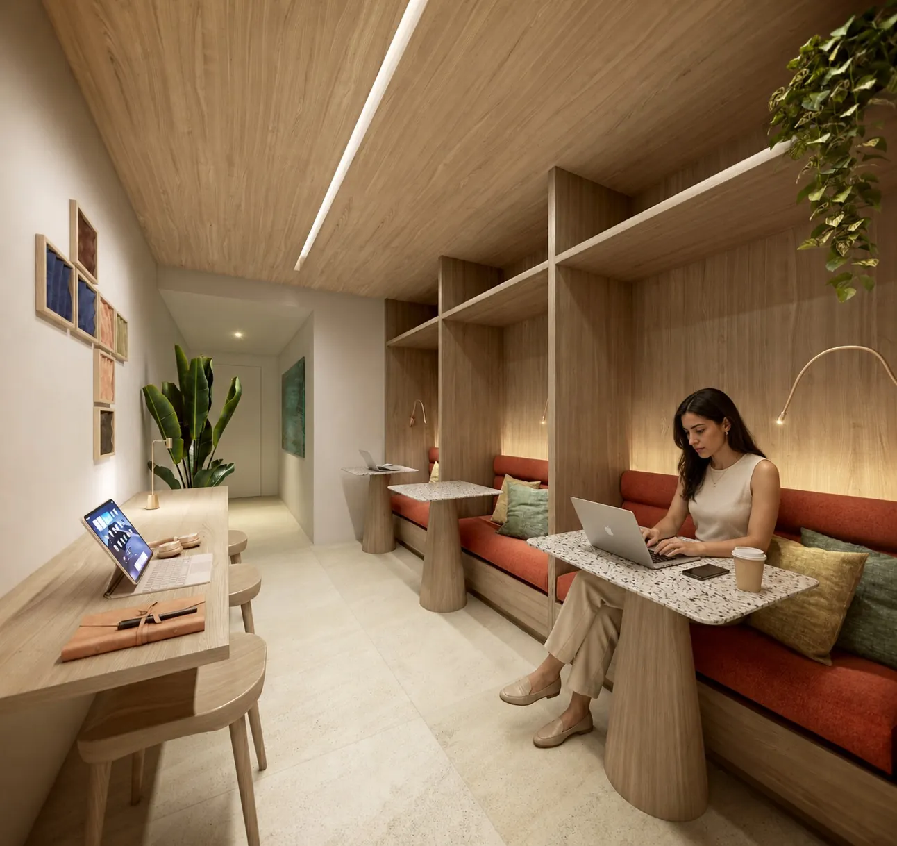 Coworking com bancada, nichos de madeira e sofá vermelho