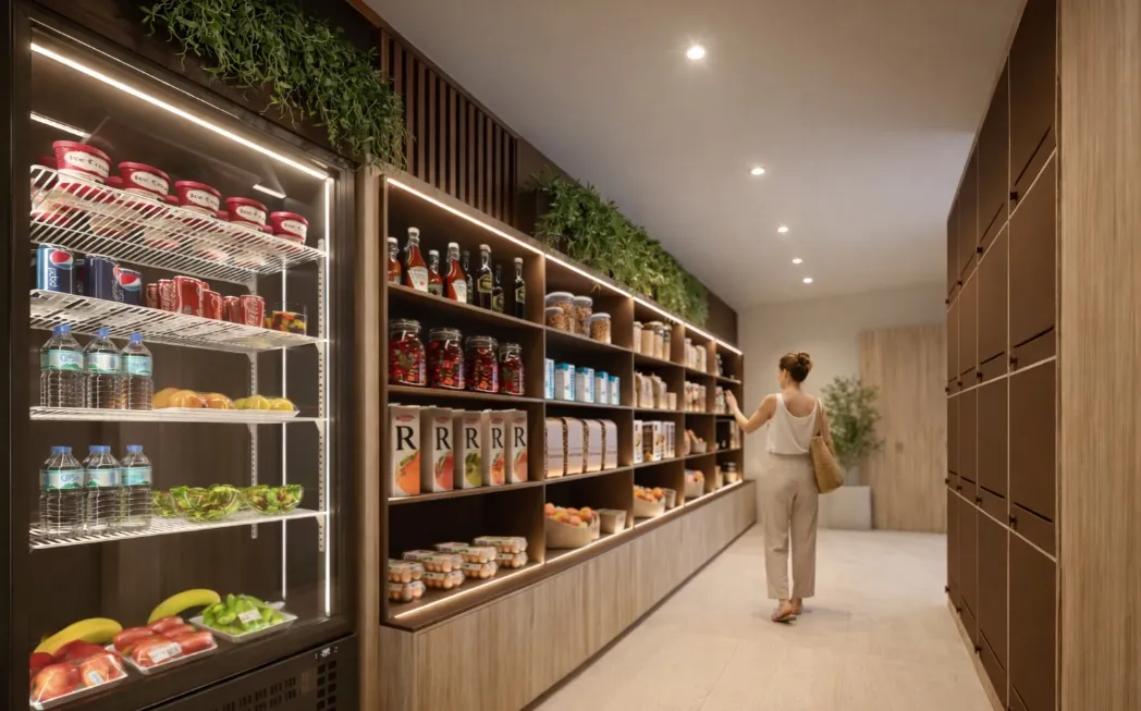 Minimercado com geladeira de bebidas e prateleiras de madeira