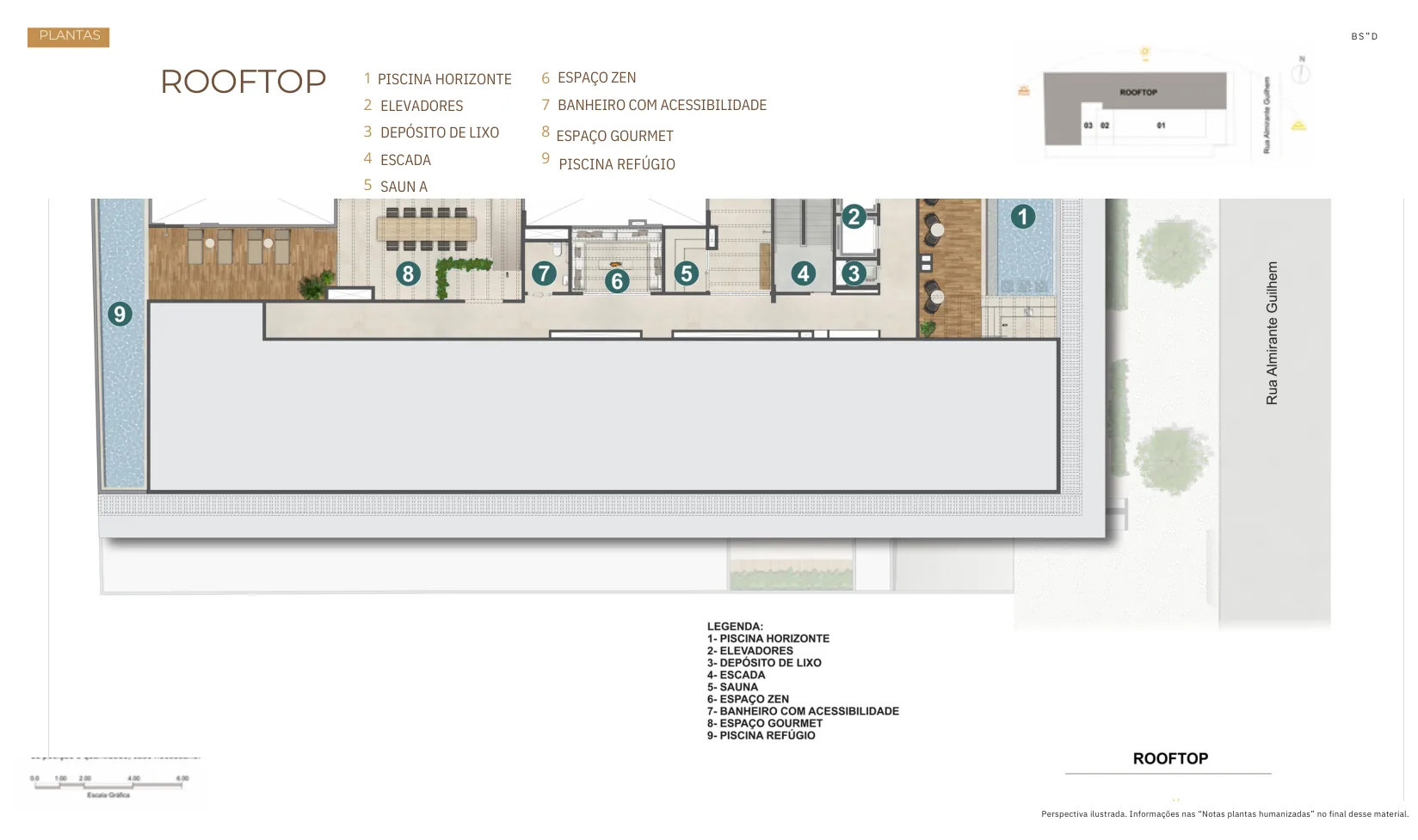 Planta humanizada: Rooftop: piscina horizonte, piscina refúgio, sauna, espaço zen e gourmet