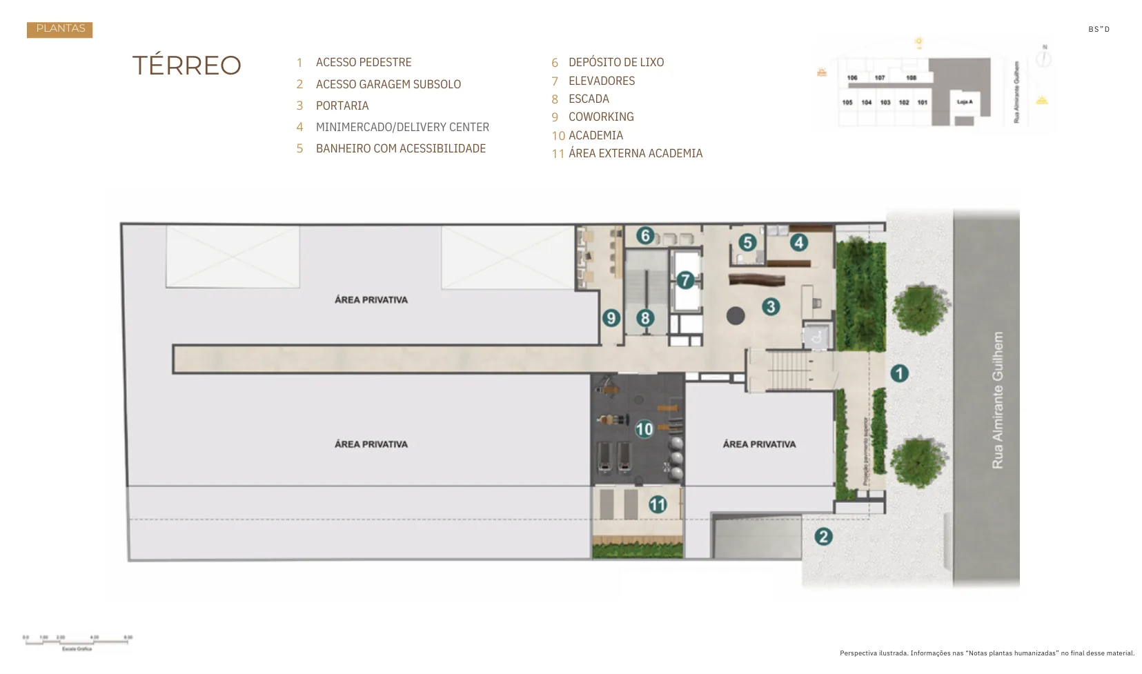 Planta humanizada: Térreo: portaria, minimercado, coworking e academia