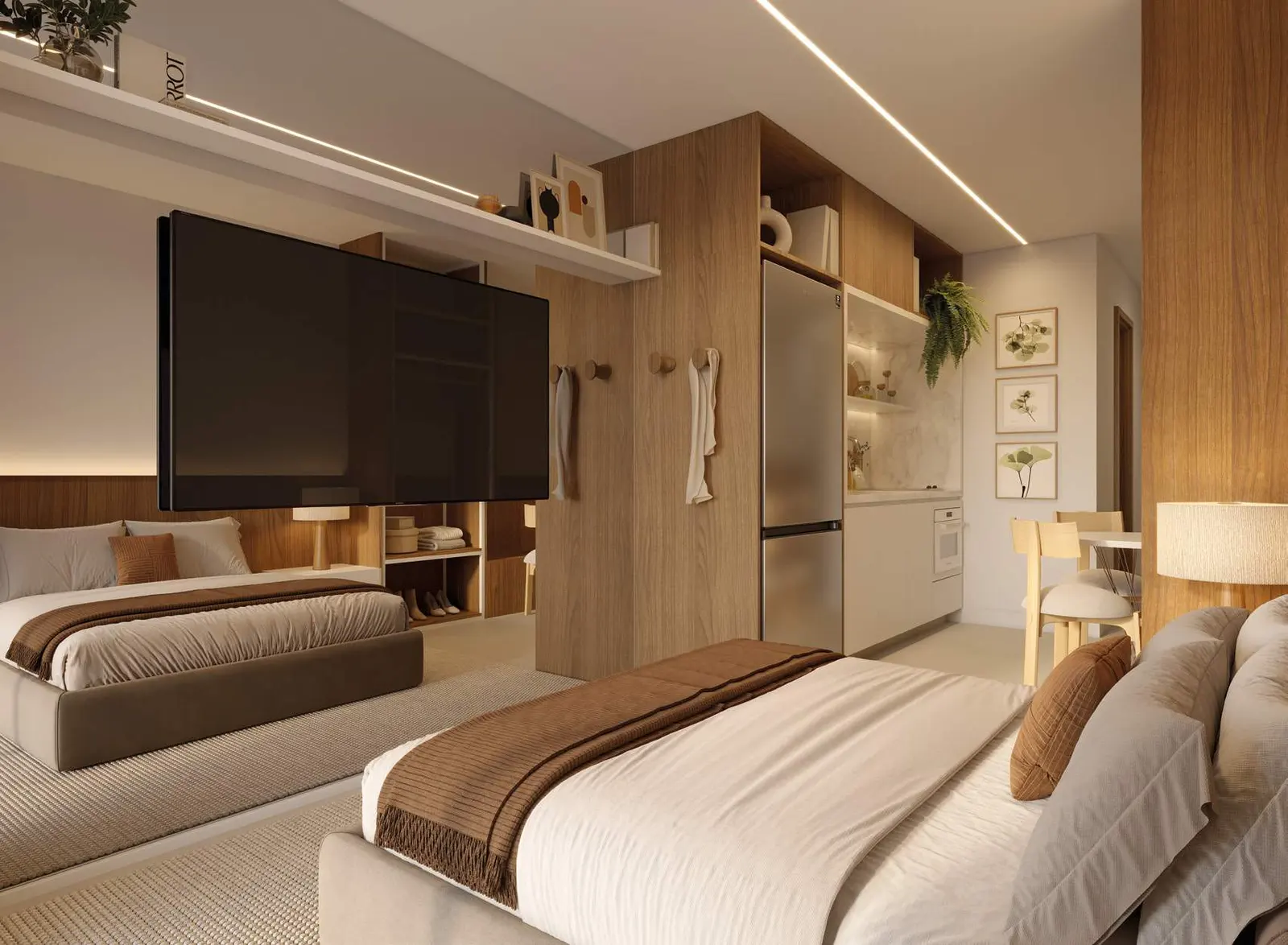 Suíte decorada do double, com cama de casal e TV