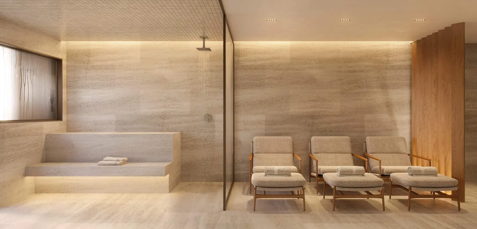 Sauna com espreguiçadeiras de repouso e revestimento em madeira