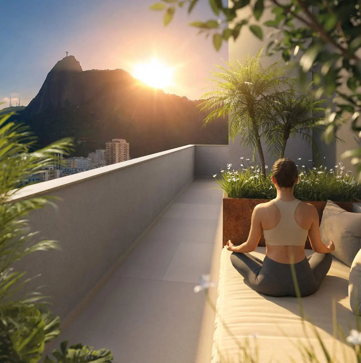 Mulher meditando no terraço de descompressão, com o Pão de Açúcar ao fundo